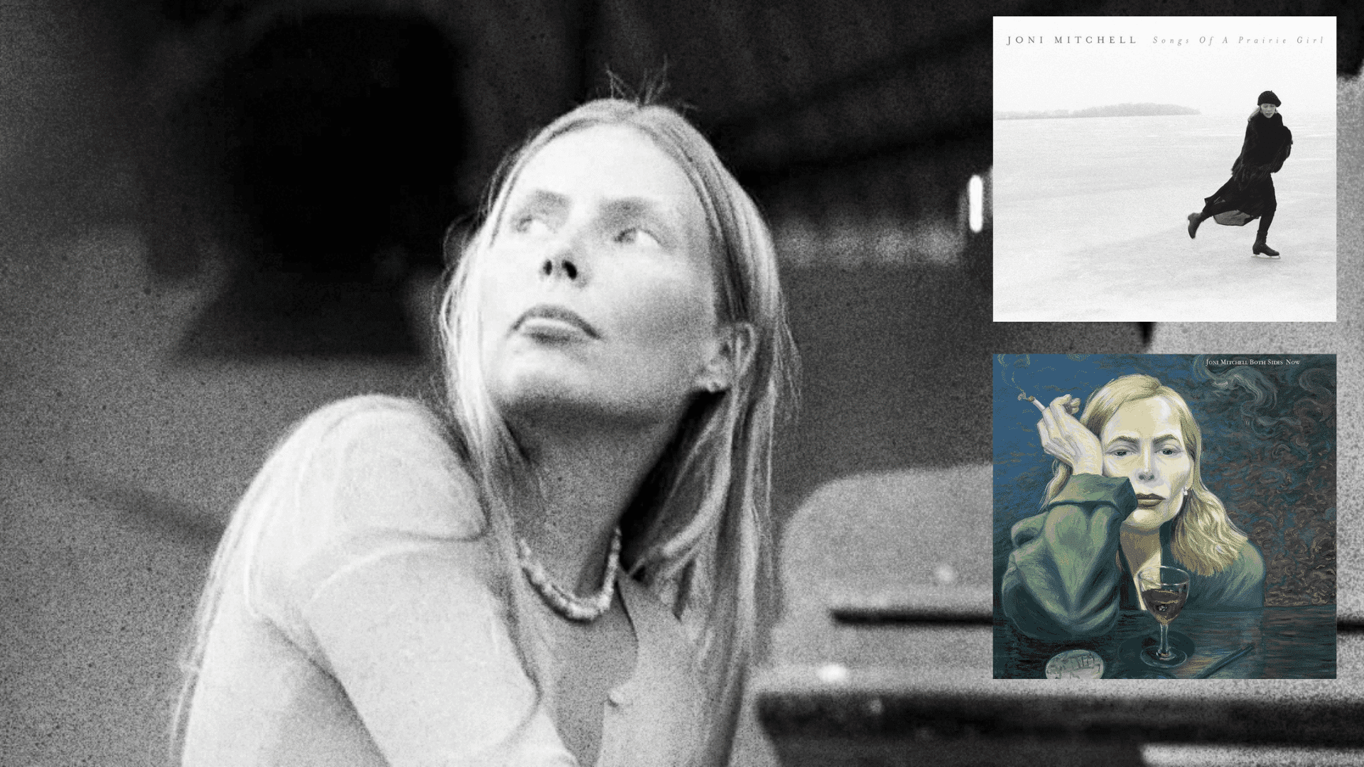 Black-and-white Joni Mitchell portrait with albums representing songwriting royalty earnings.