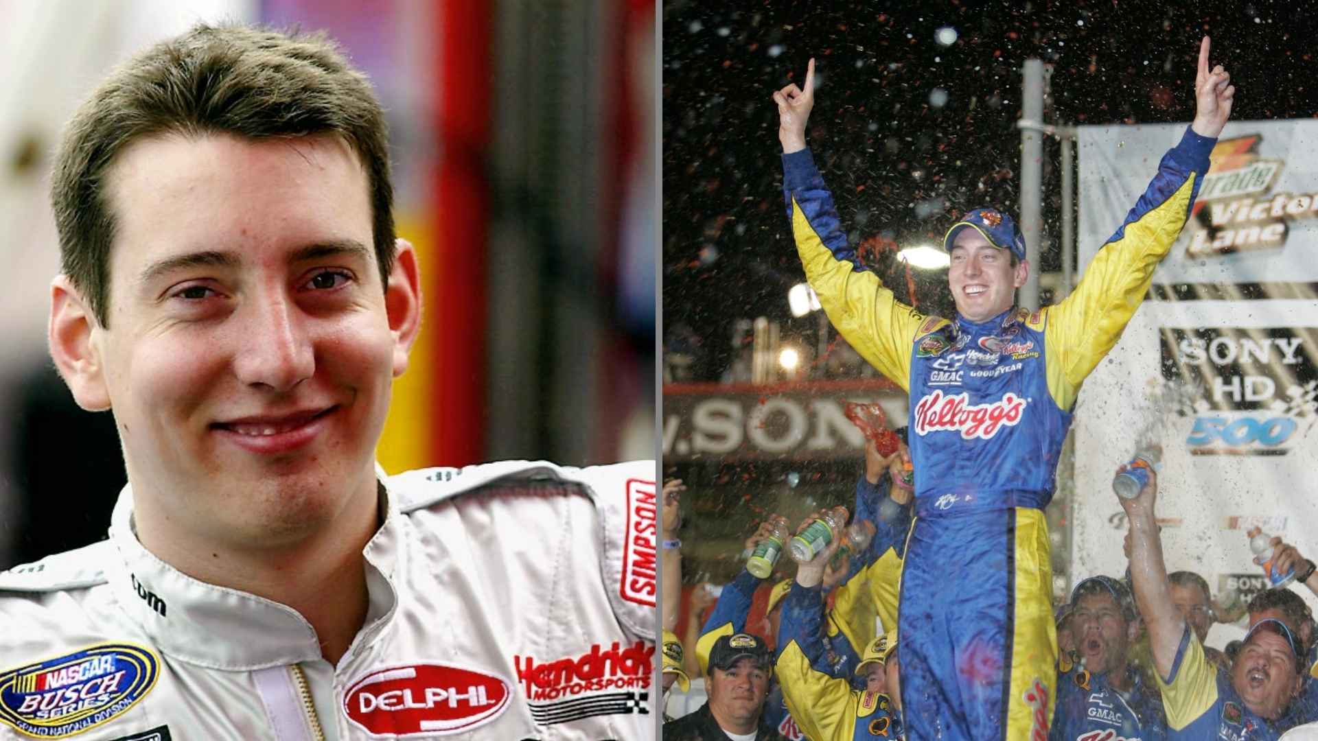 Kyle Busch celebrating NASCAR success during his racing career and wealth growth.