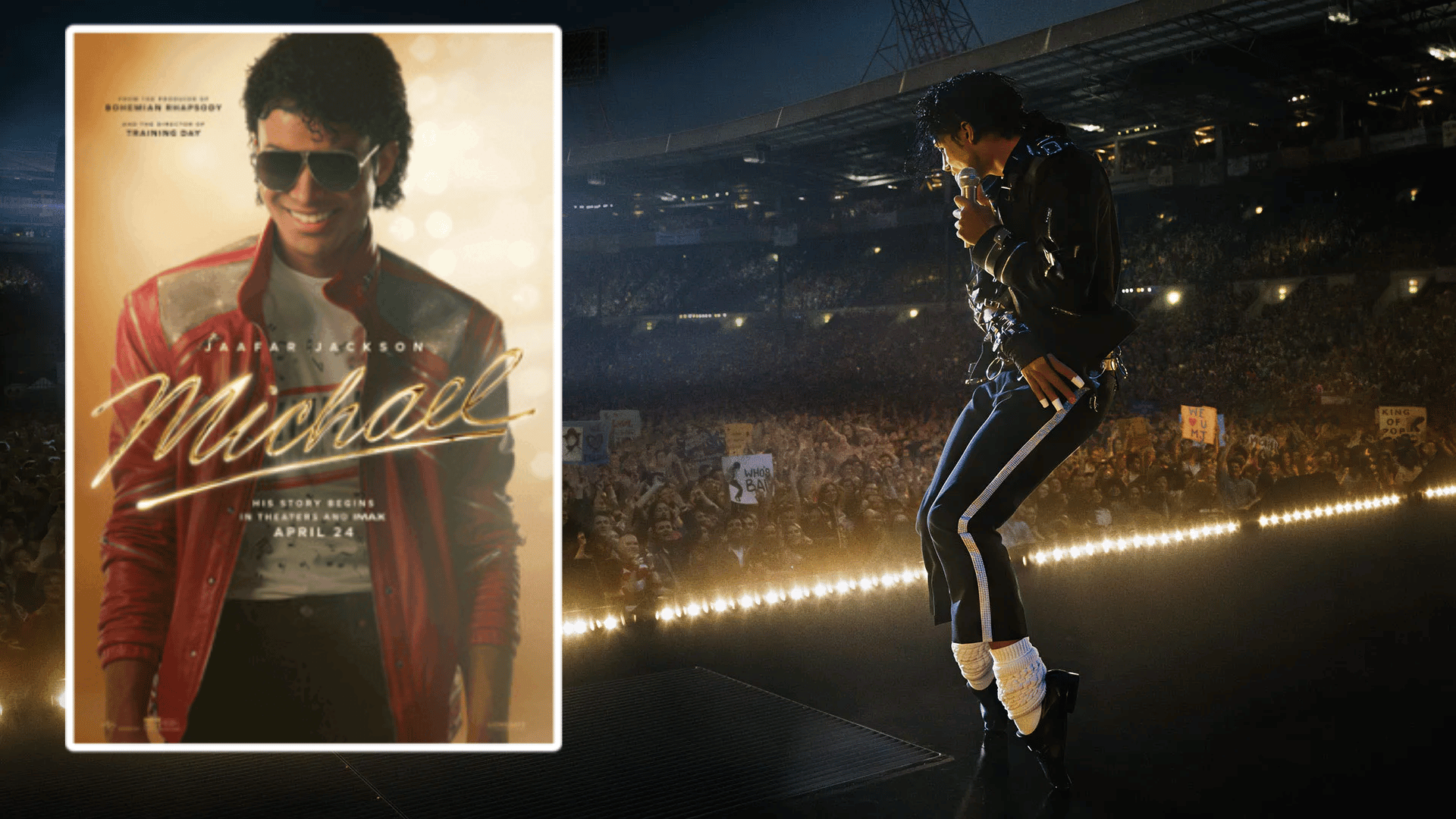 Michael Jackson biopic poster beside concert performance scene.