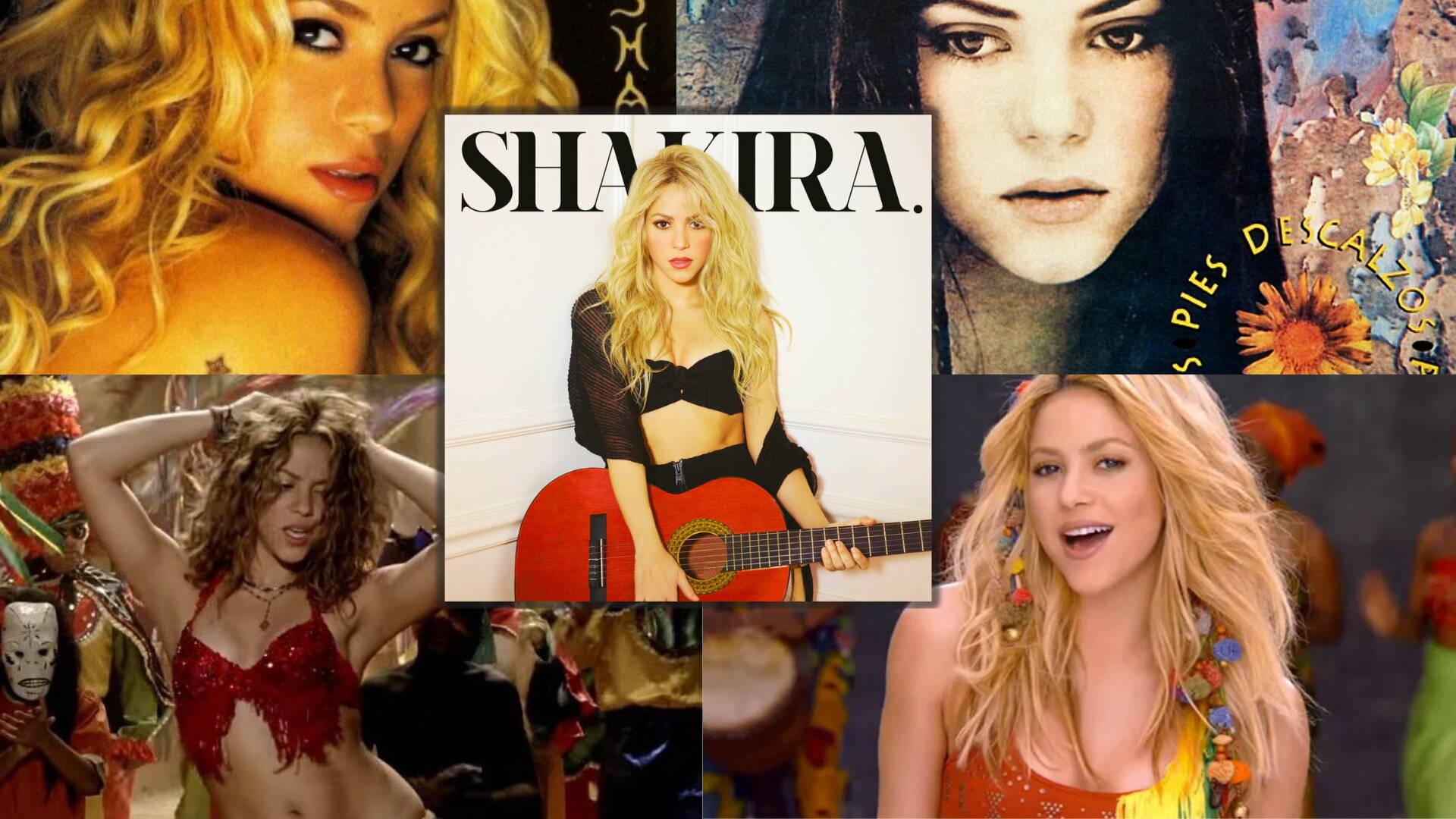 Shakira album covers and music eras that helped build her global net worth.