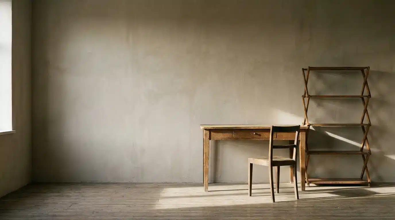 Rustic wooden desk and chair with empty shelves in minimalist room with warm lighting