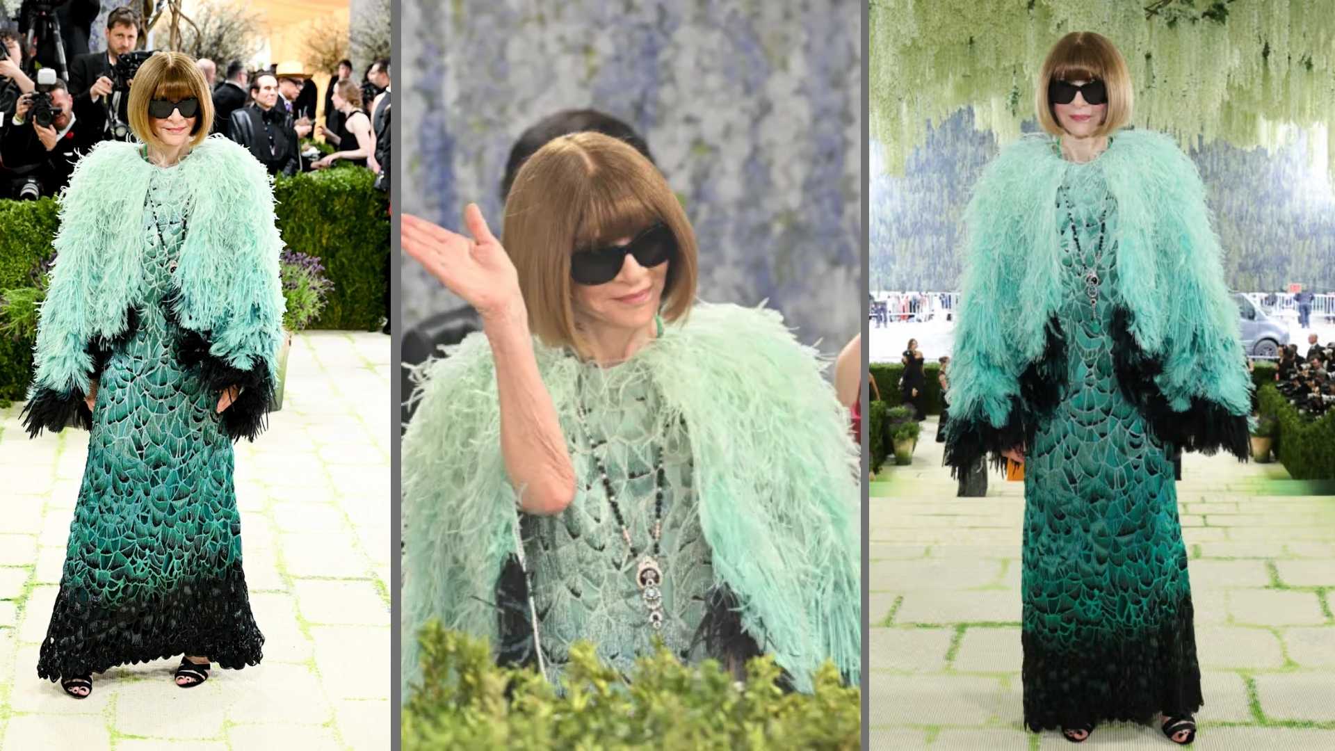 Anna Wintour in her Met Gala outfit, with a radiant smile and sunglasses, at the Met Gala.