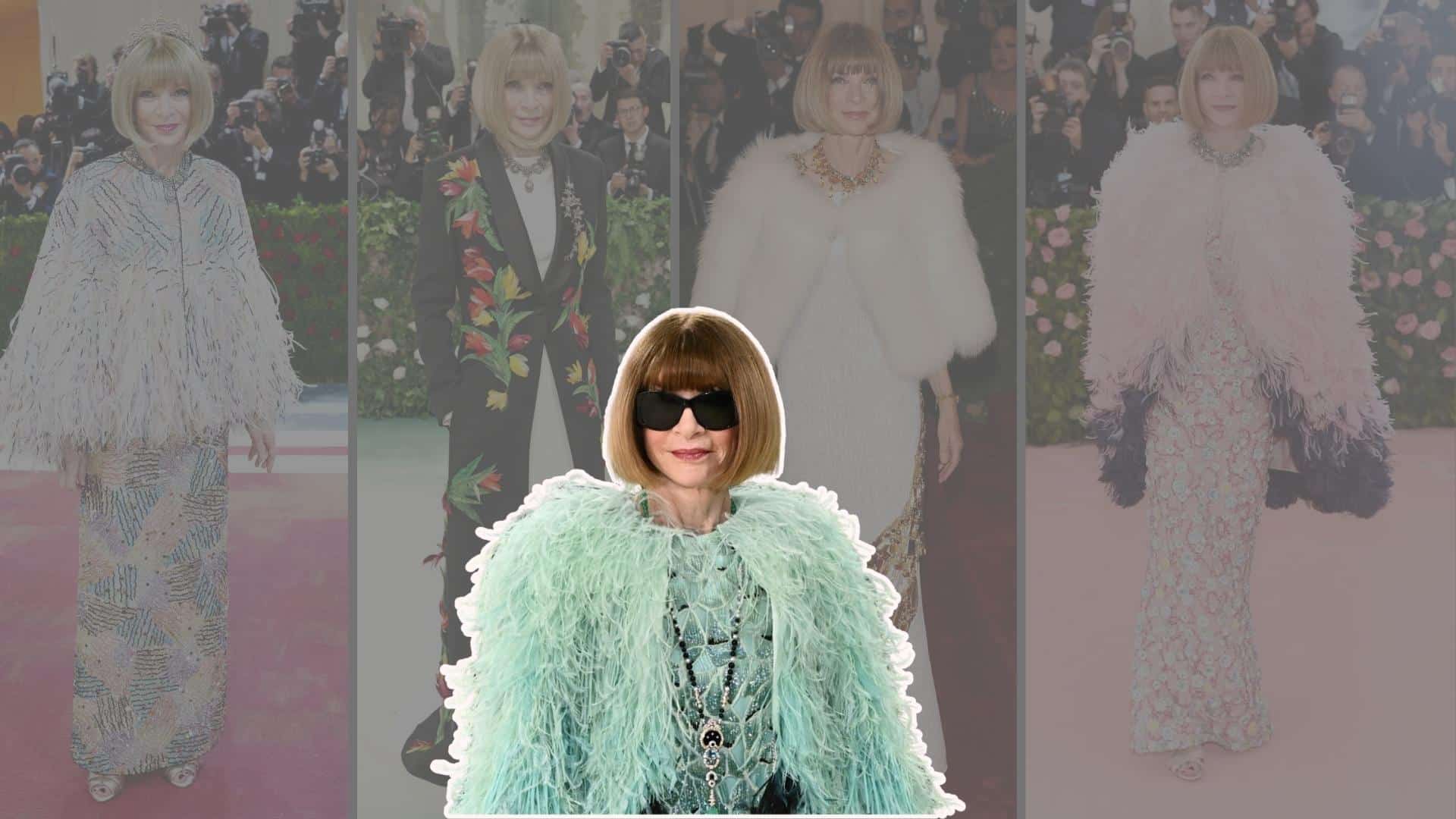 A collage of Anna Wintour’s iconic Met Gala outfits showcasing her feathered coats in various colors.