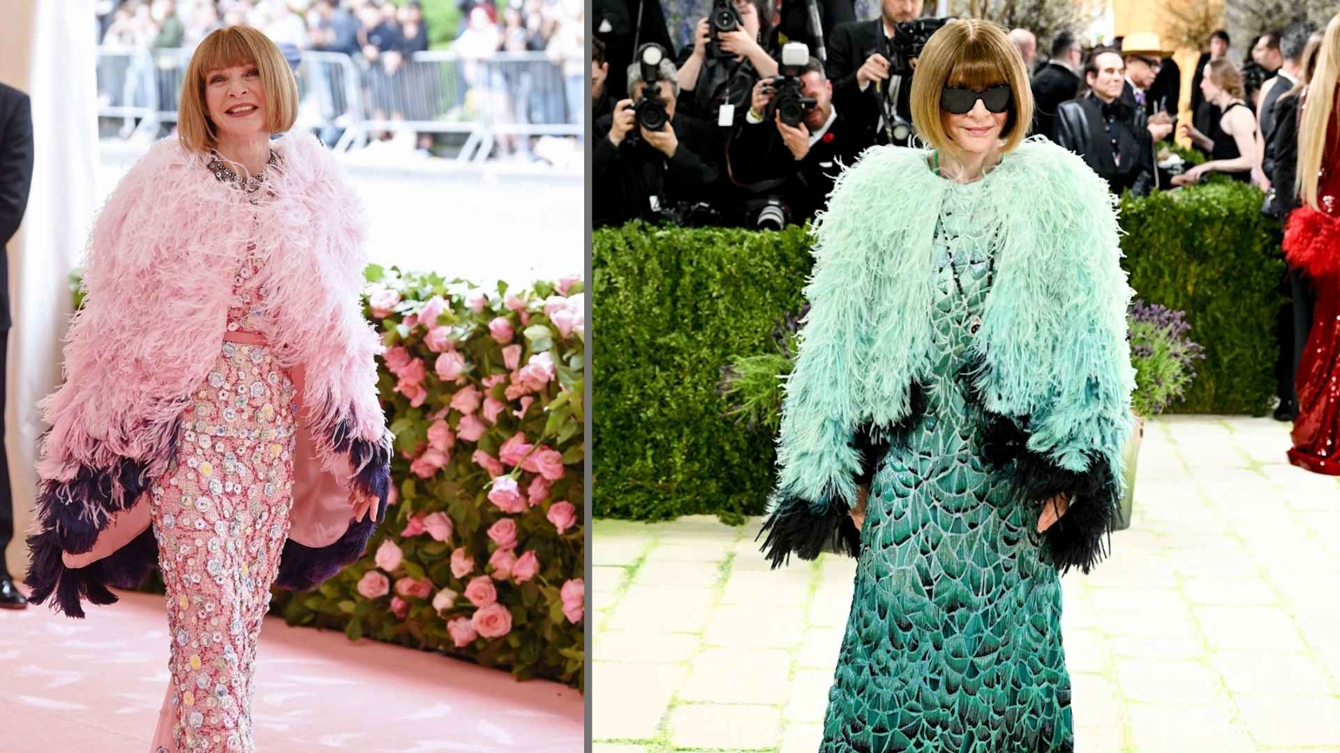 Close-up photos of Anna Wintour in her signature feathered coat of 2019 and 2026, capturing different angles of her bold Met Gala look.