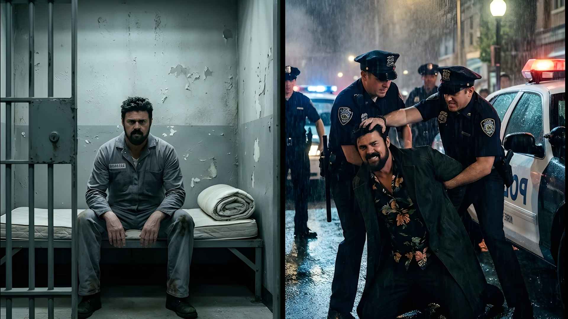 A split-screen showing a nighttime arrest and a man sitting in a stark prison cell.