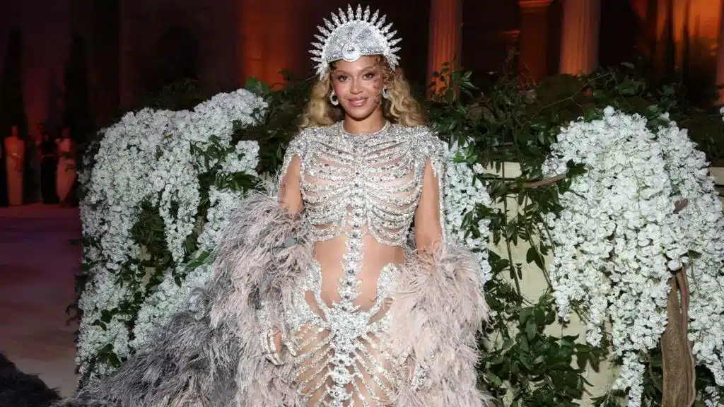 Beyoncé wearing a crystal skeleton gown by Olivier Rousteing at the 2026 Met Gala.