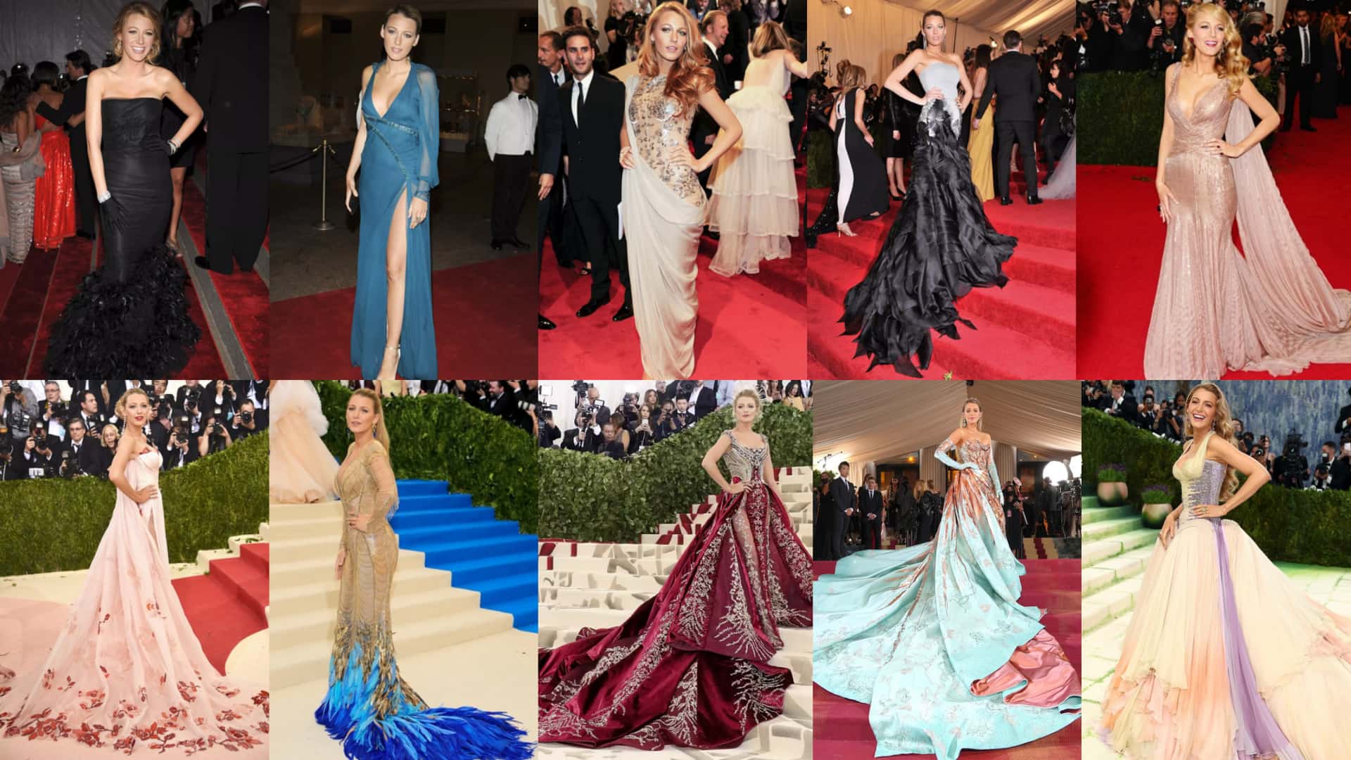 A collage of Blake Lively’s best Met Gala looks, from a feathered black dress to a colorful gown with embroidery.