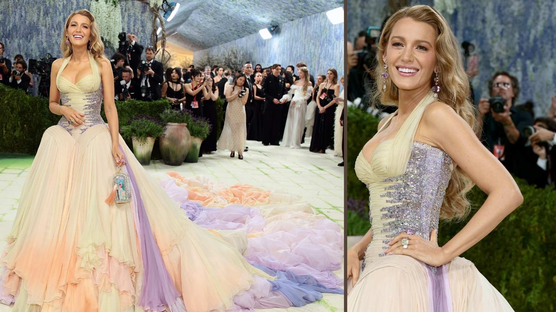 Blake Lively in a glamorous ombré gown with a train at the Met Gala.