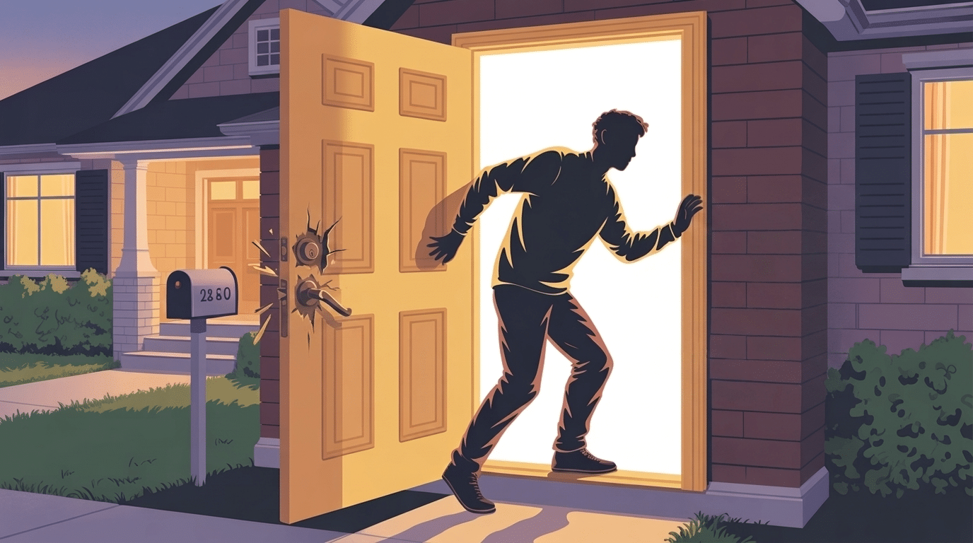 Illustration of a burglar entering an unlocked door with criminal intent inside.
