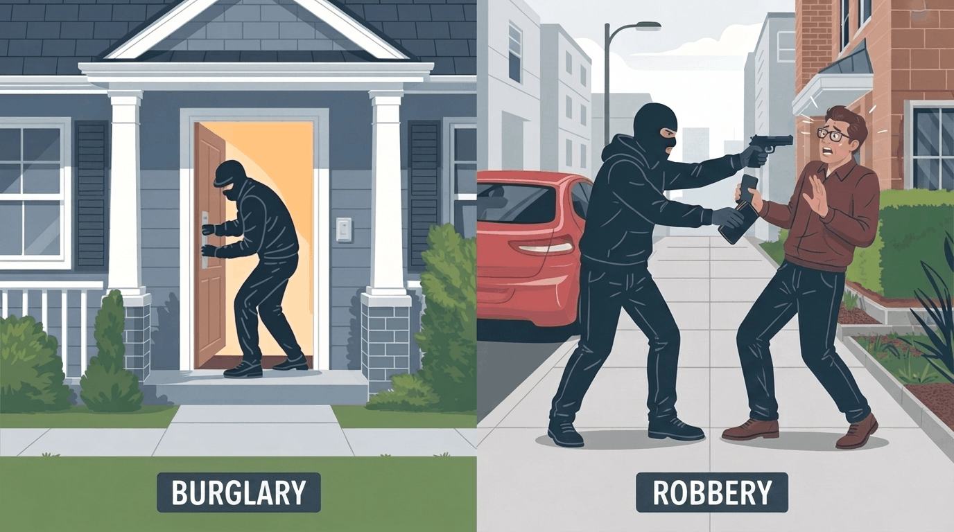 Side-by-side infographic comparing burglary and robbery