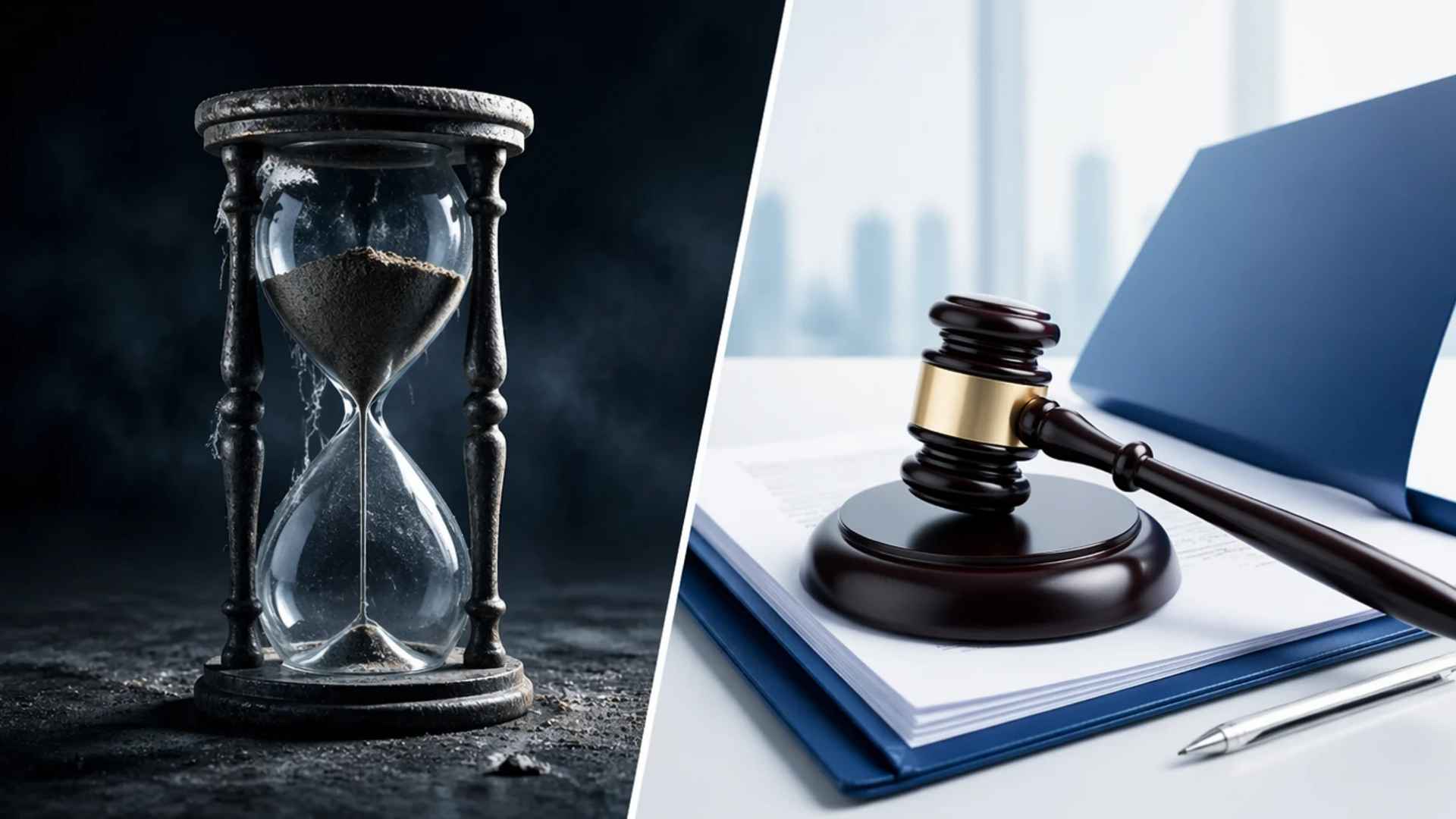 A split-screen showing a dusty hourglass and a legal gavel with a "SEALED" stamp.