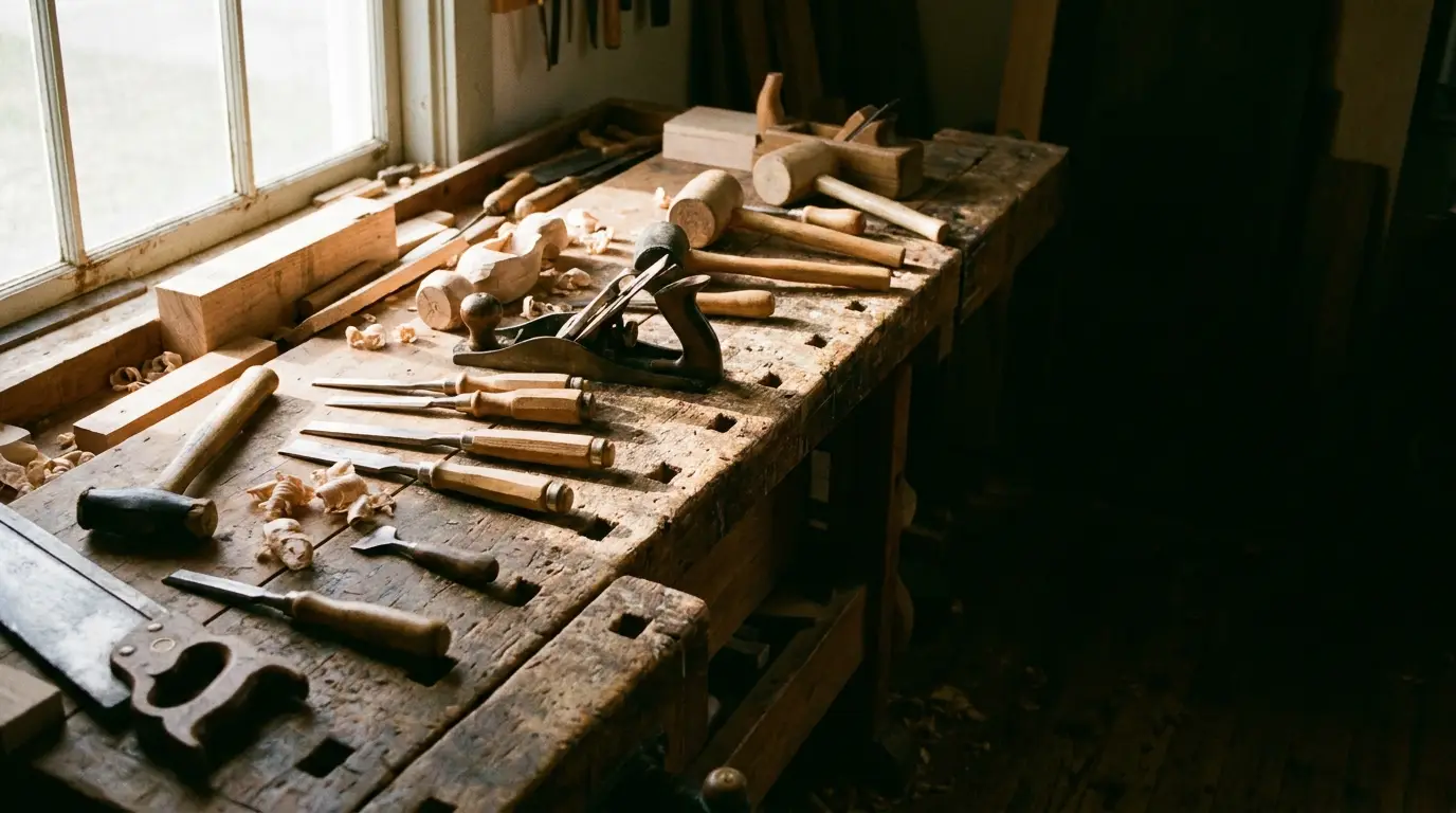 Woodworking tools on rustic wooden bench in sunlit workshop