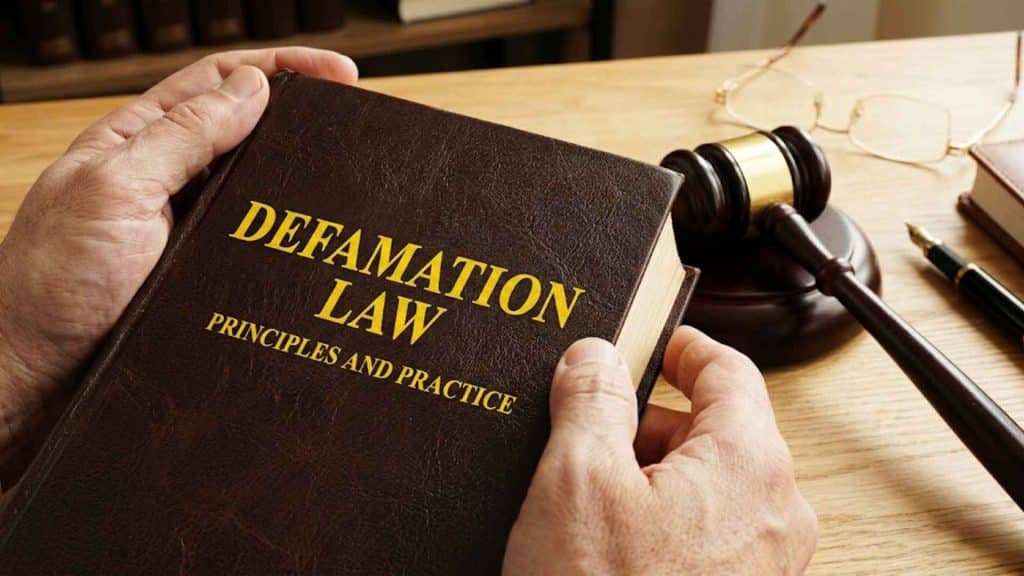 A person holding a legal book titled Defamation Law next to a judge's gavel.