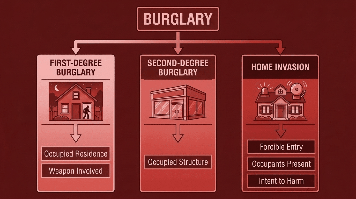 Flowchart showing degrees of burglary: first-degree, second-degree, and home invasion.