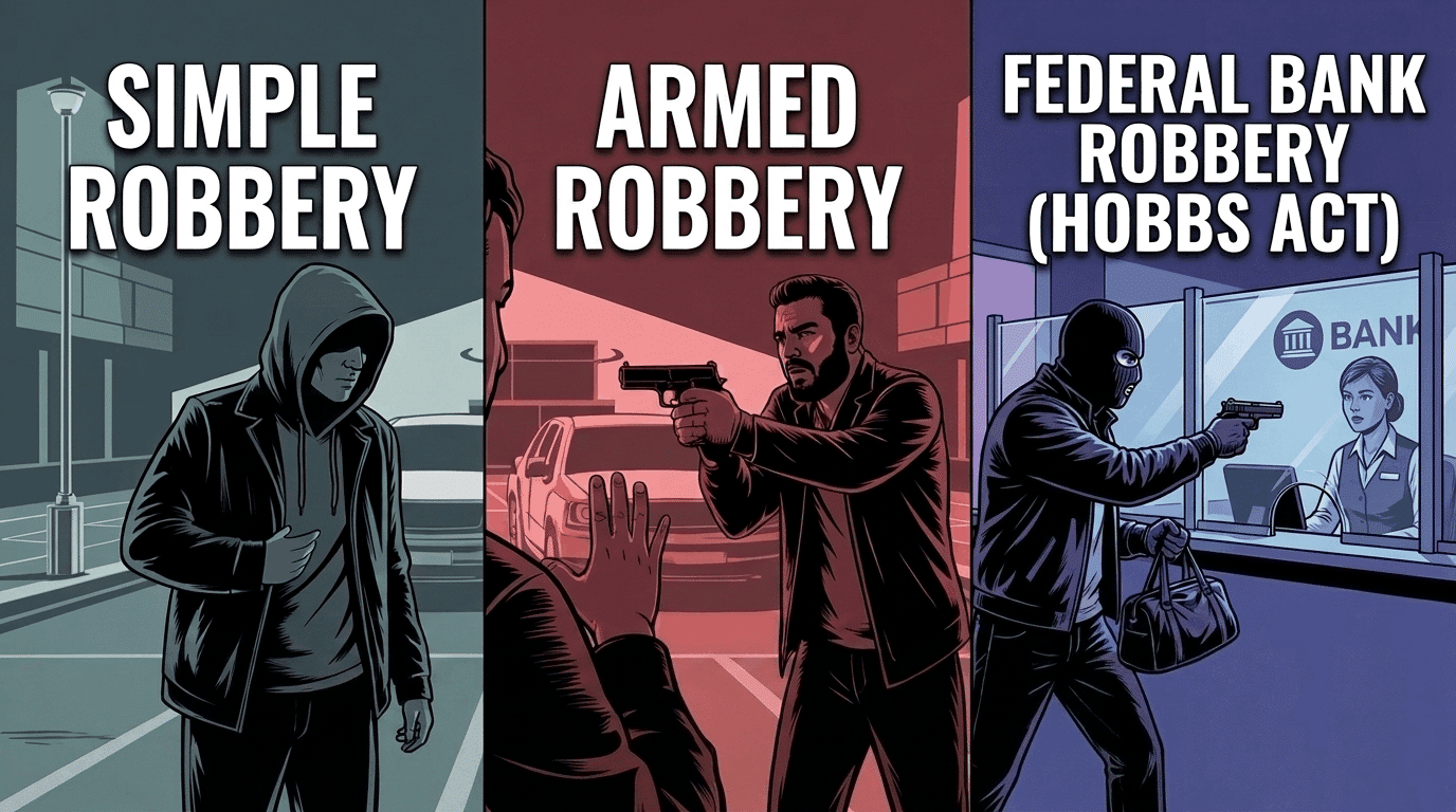 Illustration of degrees of robbery scenarios with varying levels of threat.