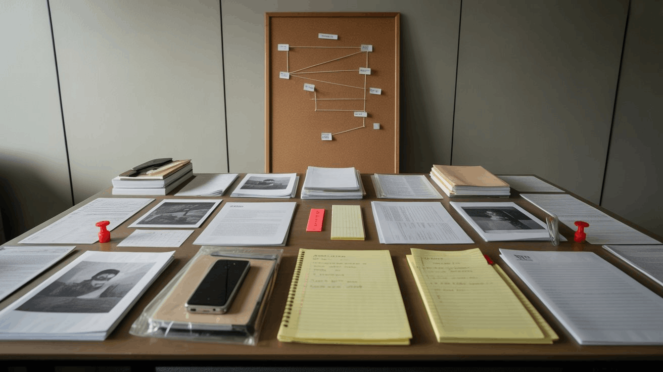A detective’s workspace with evidence, notes, and a corkboard for investigation.