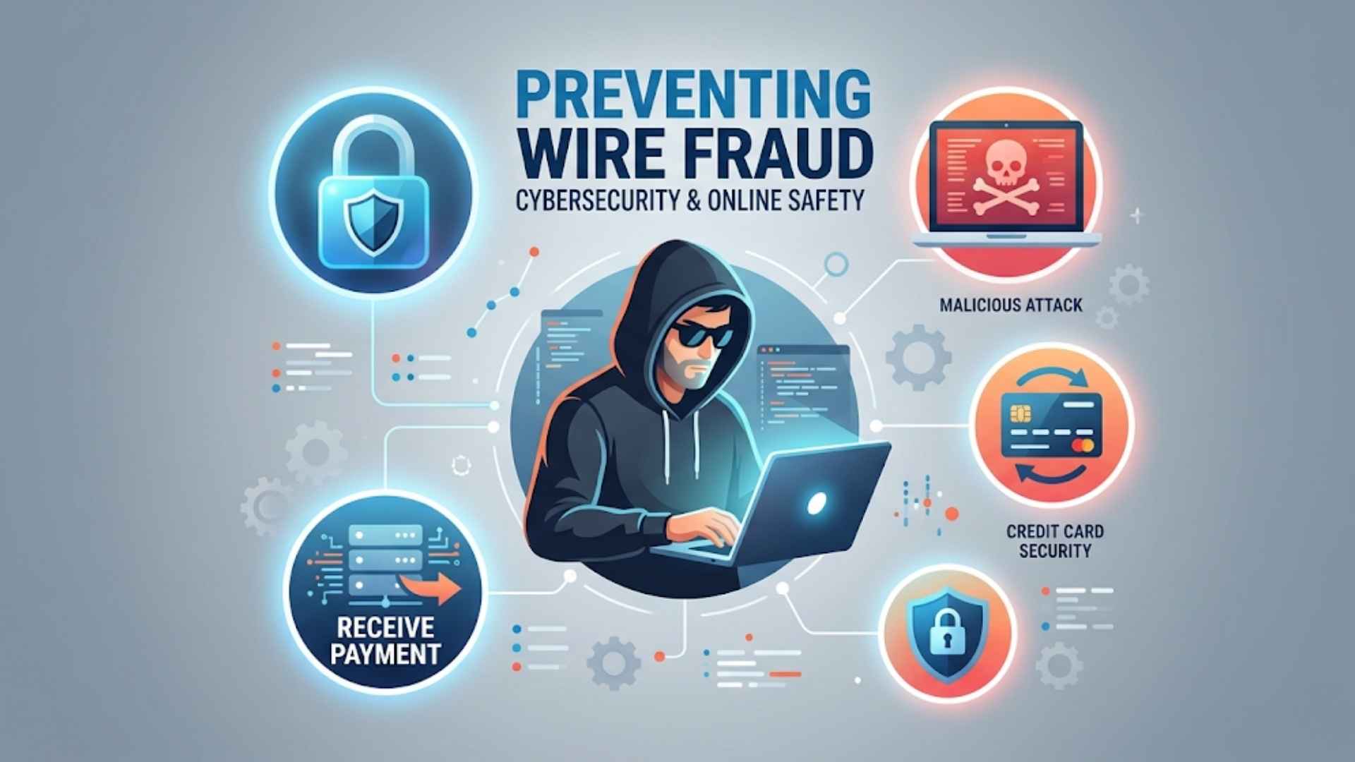 An infographic titled "Preventing Wire Fraud" showing a hooded hacker at a laptop surrounded by digital security icons.