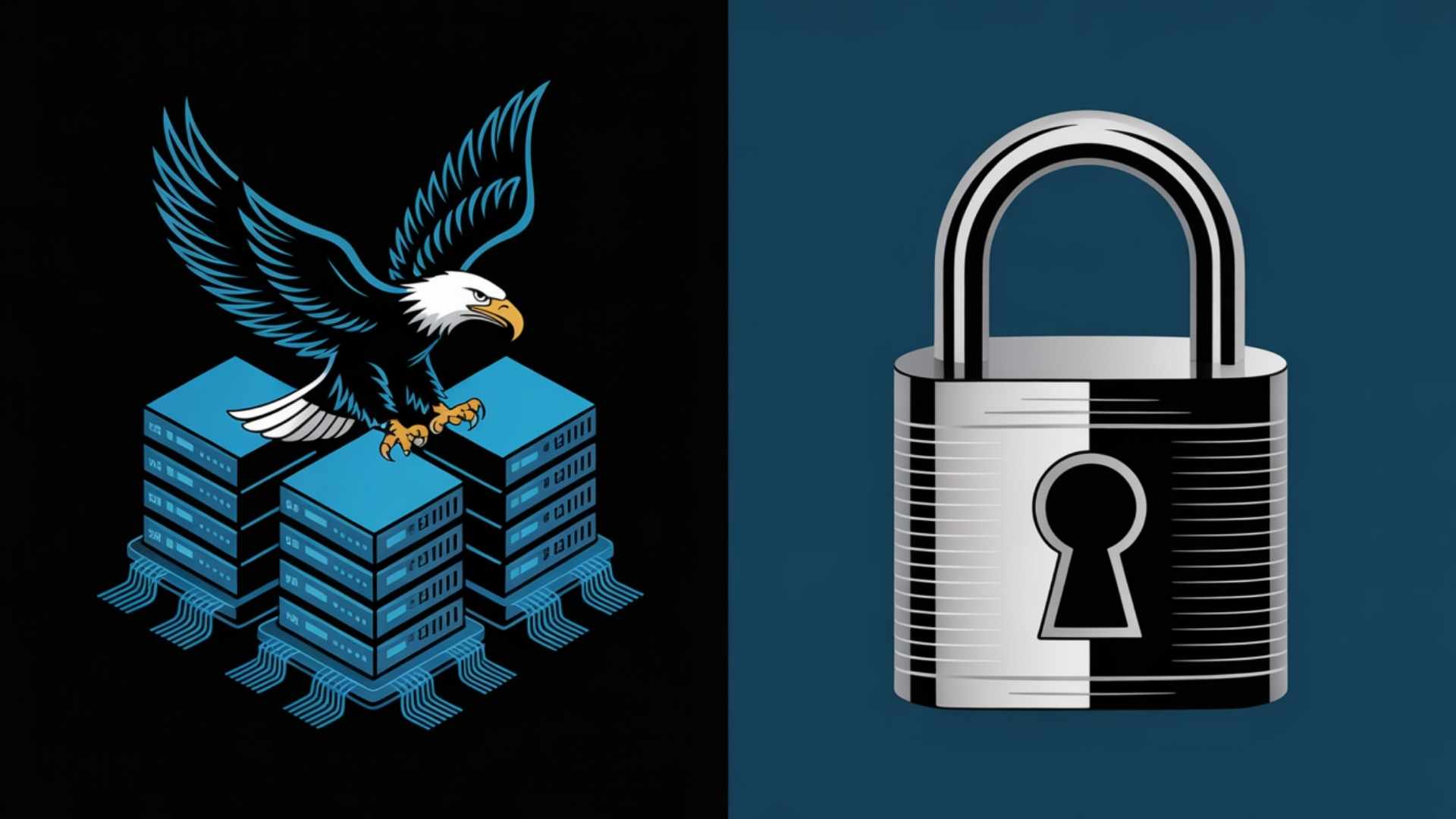 A split-screen illustration featuring a federal eagle on servers and a secure metal padlock.