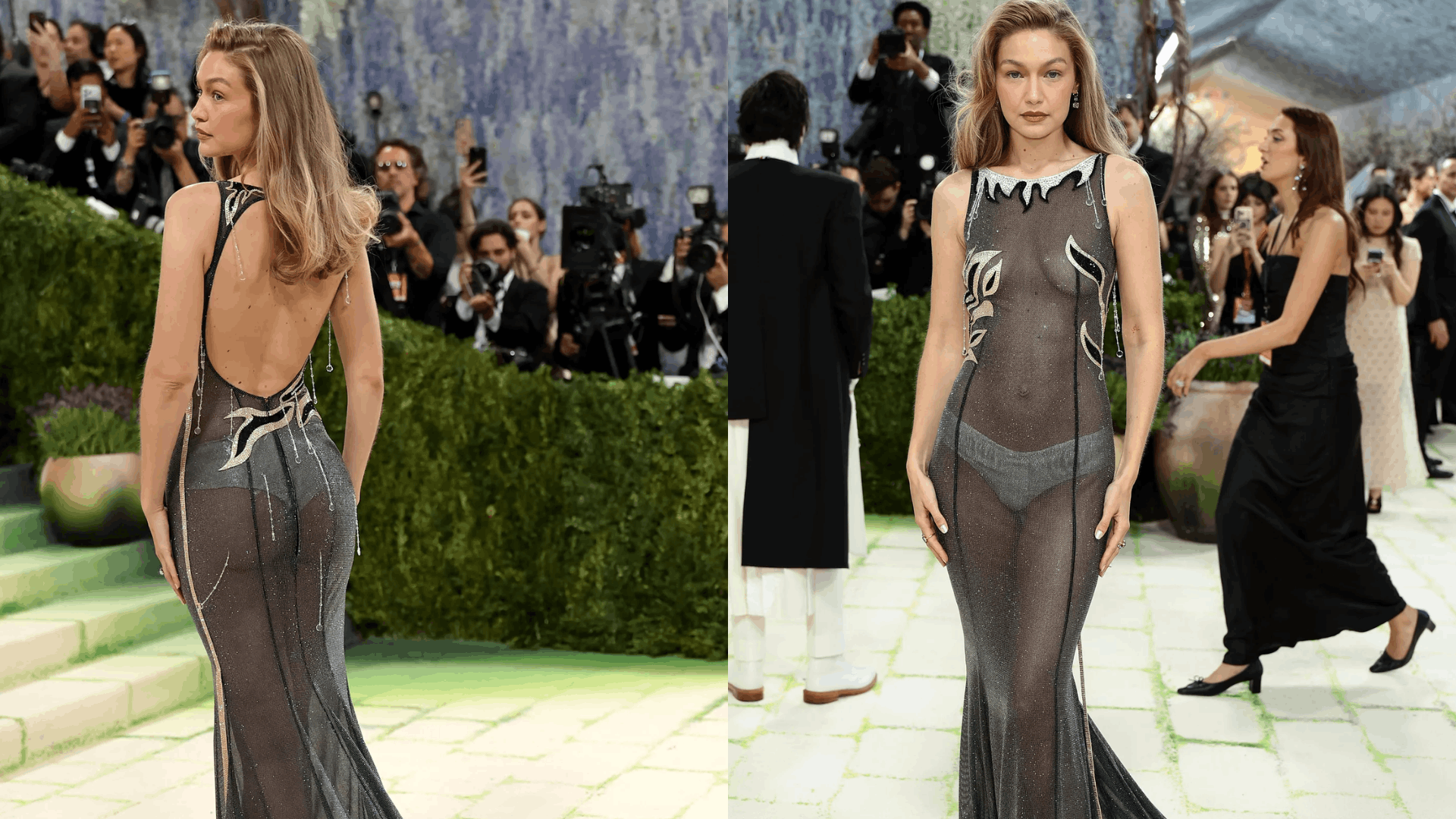Gigi Hadid in a sheer Miu Miu gown with visible bright underwear, failing to impress.