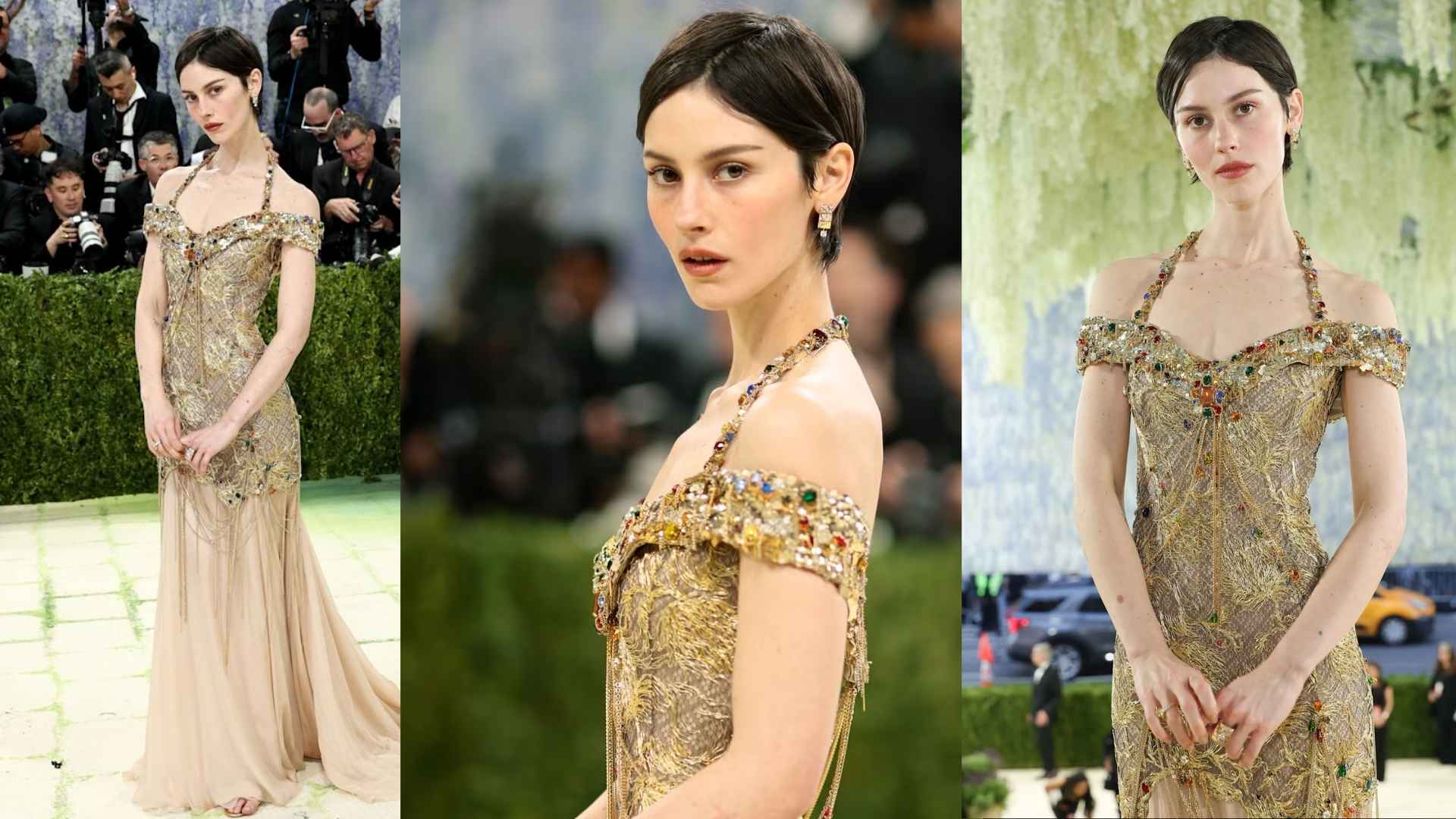 Gracie Abrams wearing a gold-patterned Chanel gown inspired by Gustav Klimt at the 2026 Met Gala