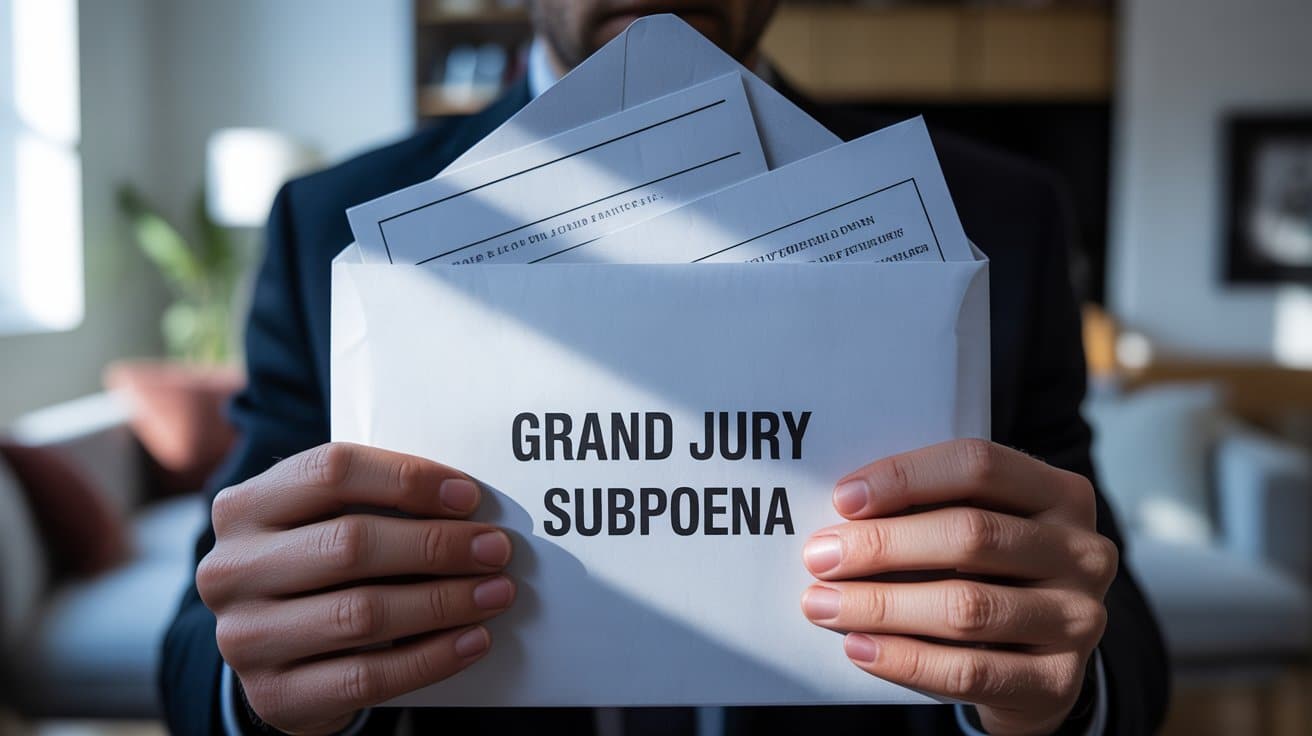 Person holding envelope labeled grand jury subpoena with legal documents inside, representing official court order notification.