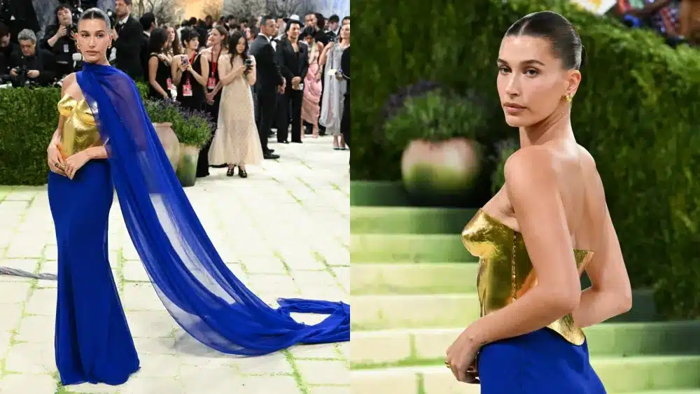 Hailey Bieber wearing a gold Saint Laurent body cast-inspired gown at the 2026 Met Gala.