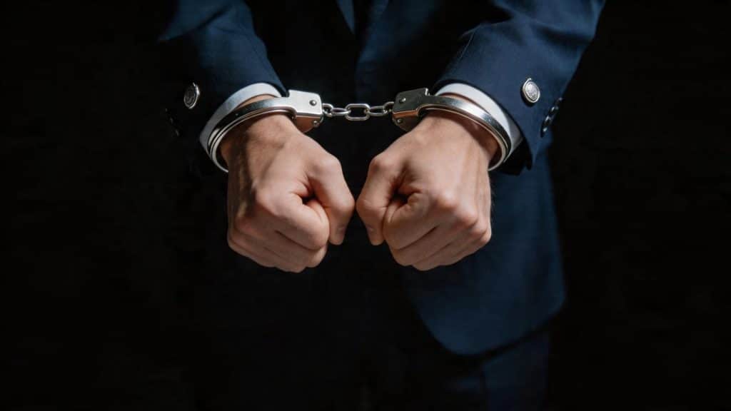 Close-up of a person in a suit with their hands secured in metal handcuffs