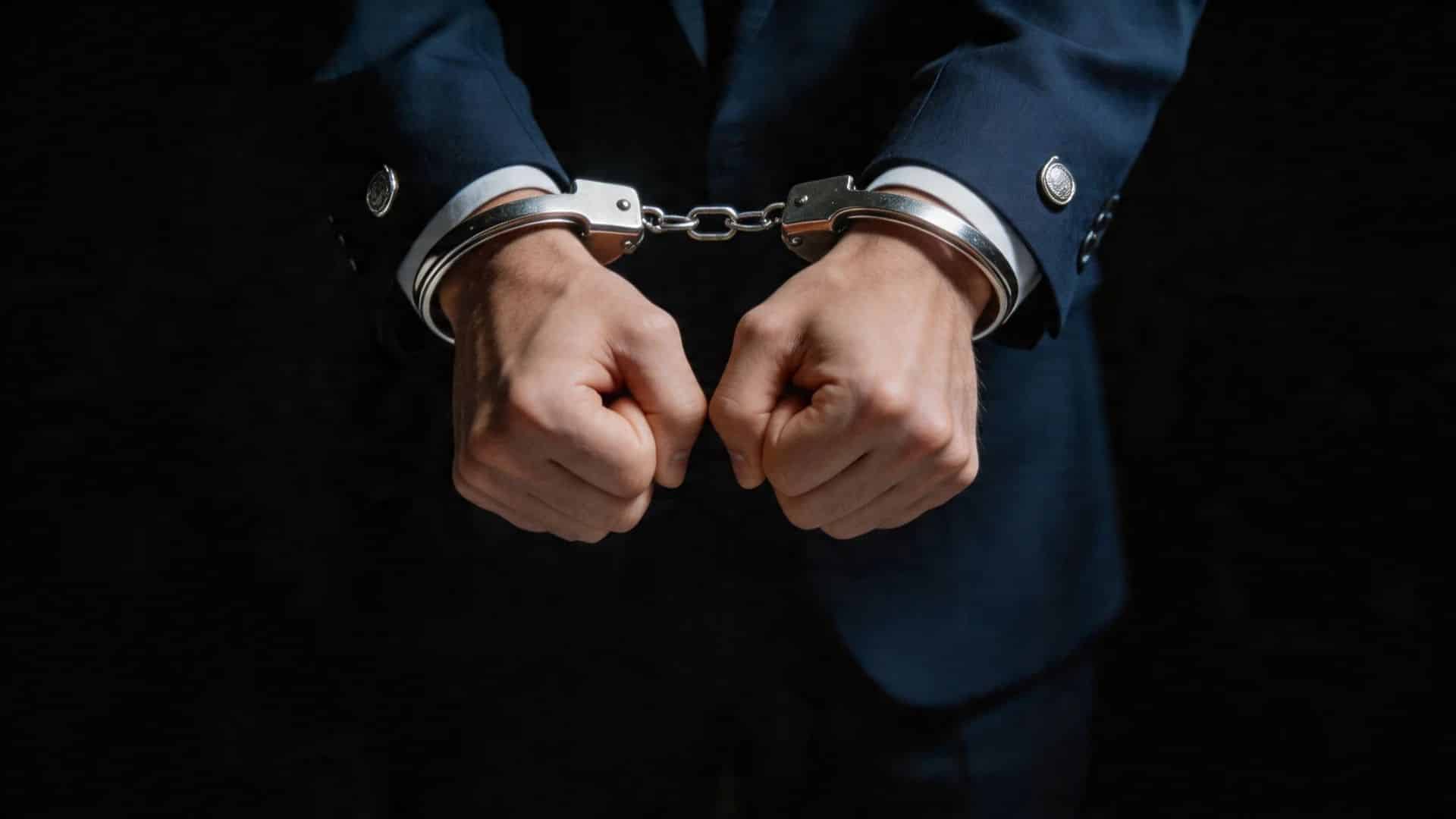 Close-up of a person in a suit with their hands secured in metal handcuffs