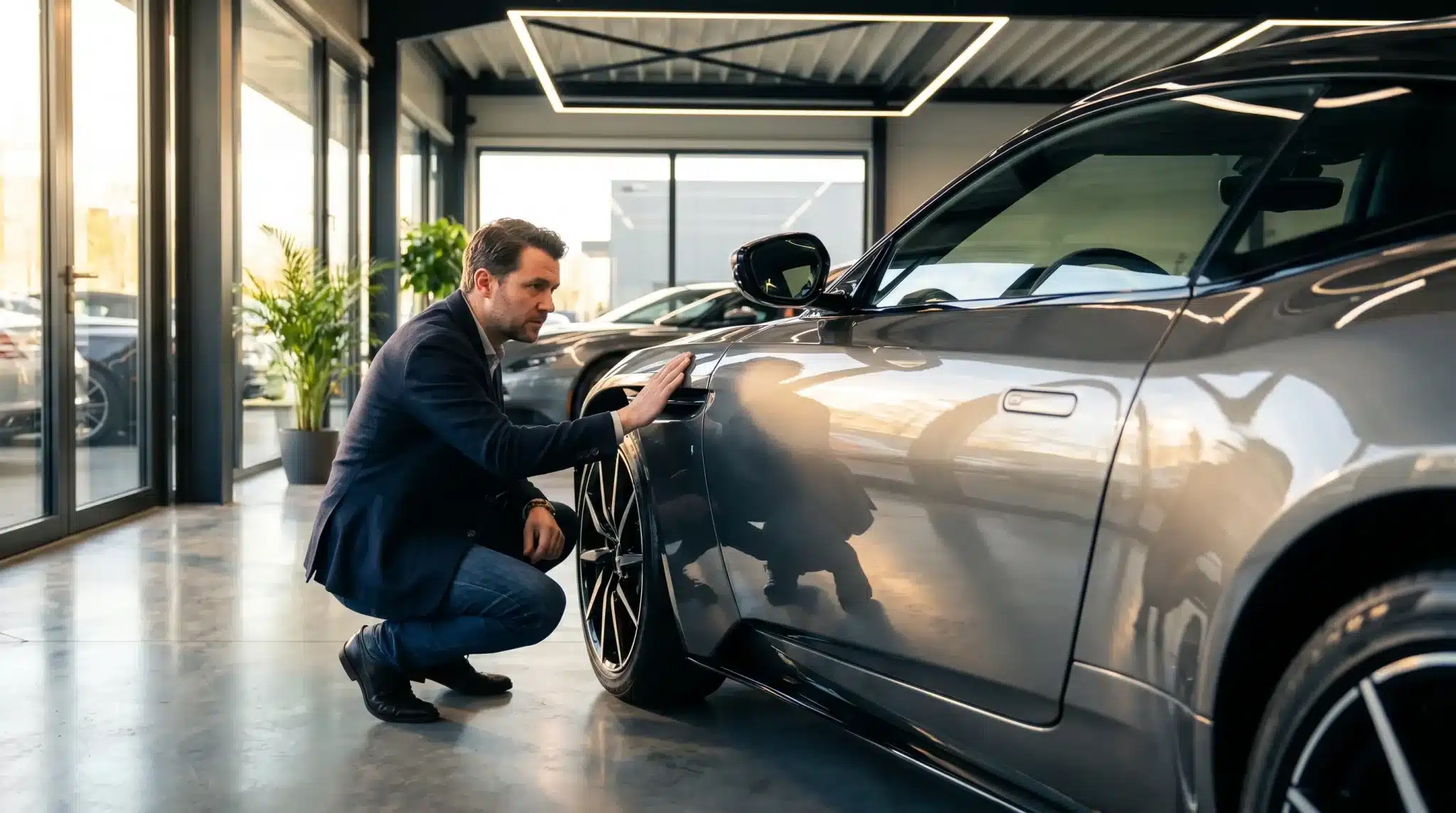 Man inspecting sleek black car in modern showroom with large windows and potted plants