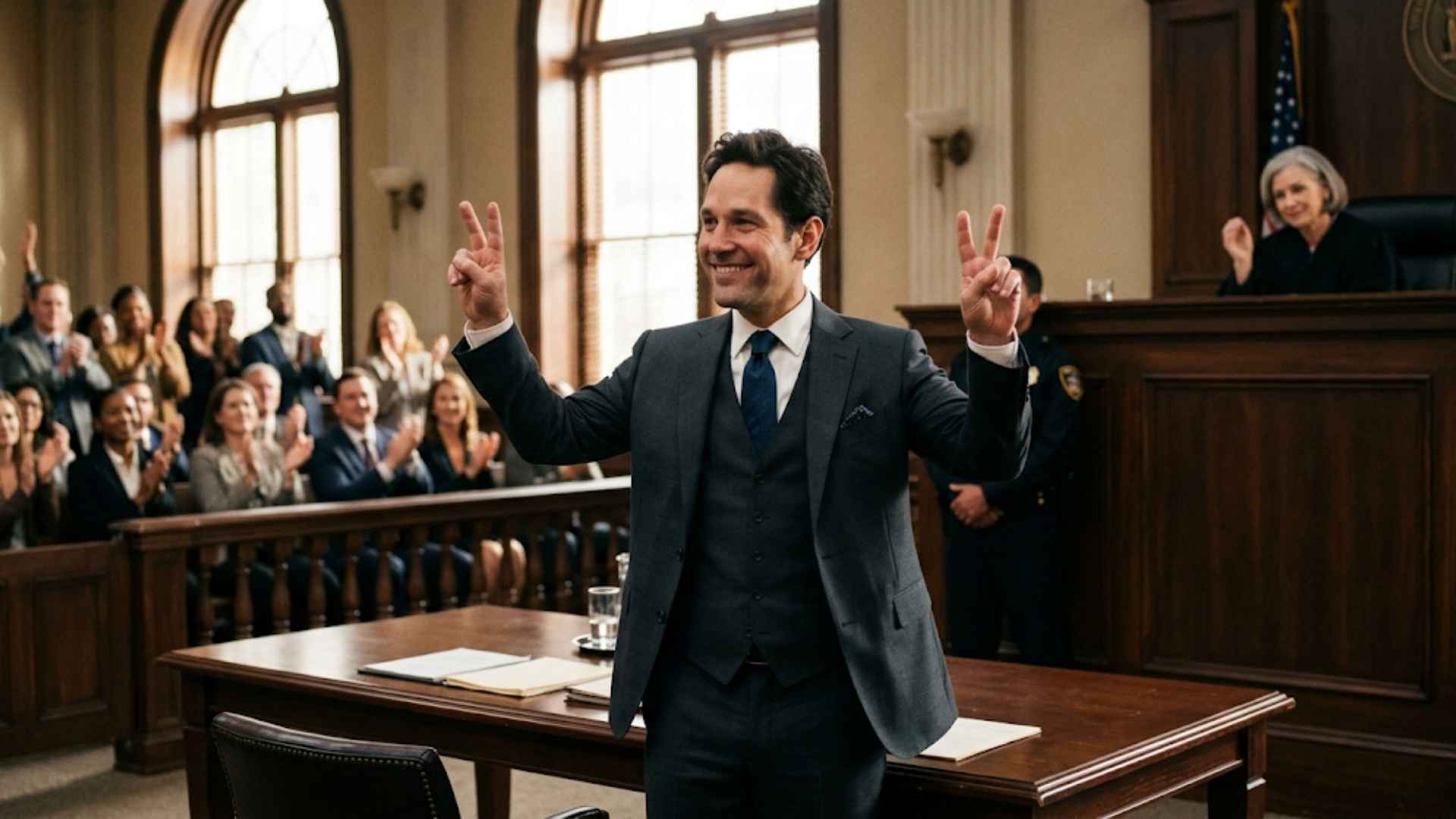 A man in a suit celebrates joyfully with victory signs inside a crowded courtroom gallery.