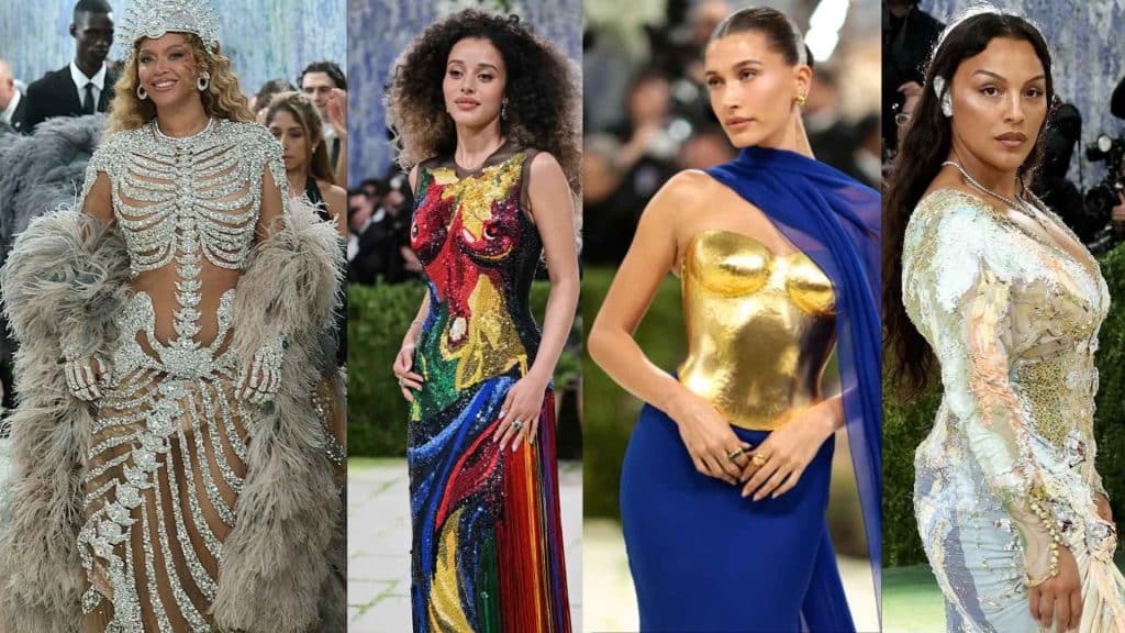 Beyoncé, Hailey Bieber, and others showcasing iconic Met Gala outfits featuring bold, artistic designs.