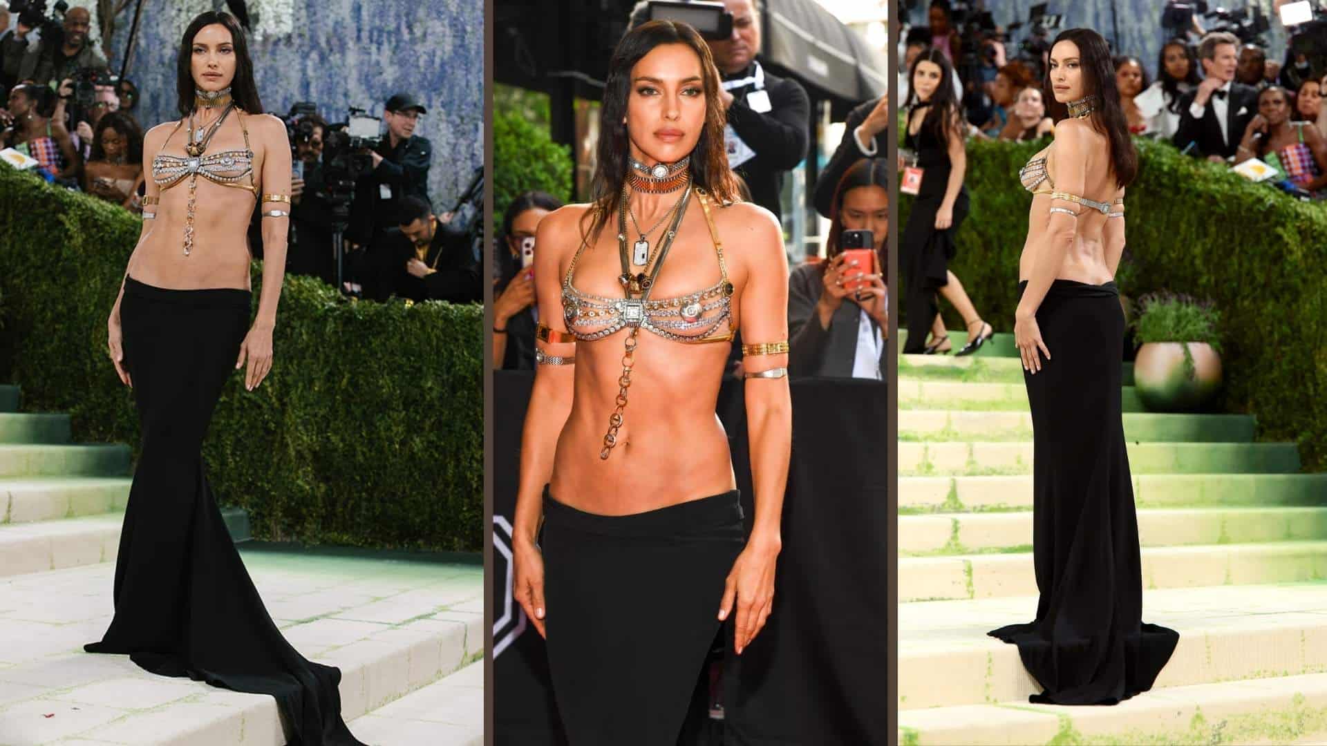 Irina Shayk in a sleek black gown with a dramatic slit at the Met Gala.