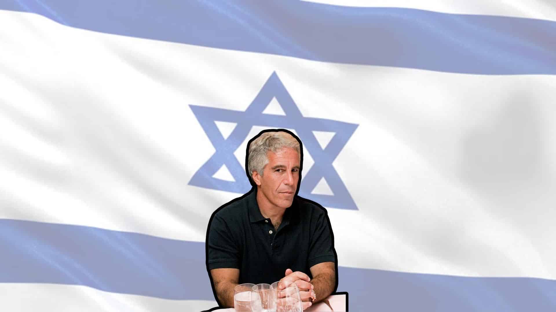 Jeffrey Epstein seated in front of an Israeli flag in a digitally edited image.
