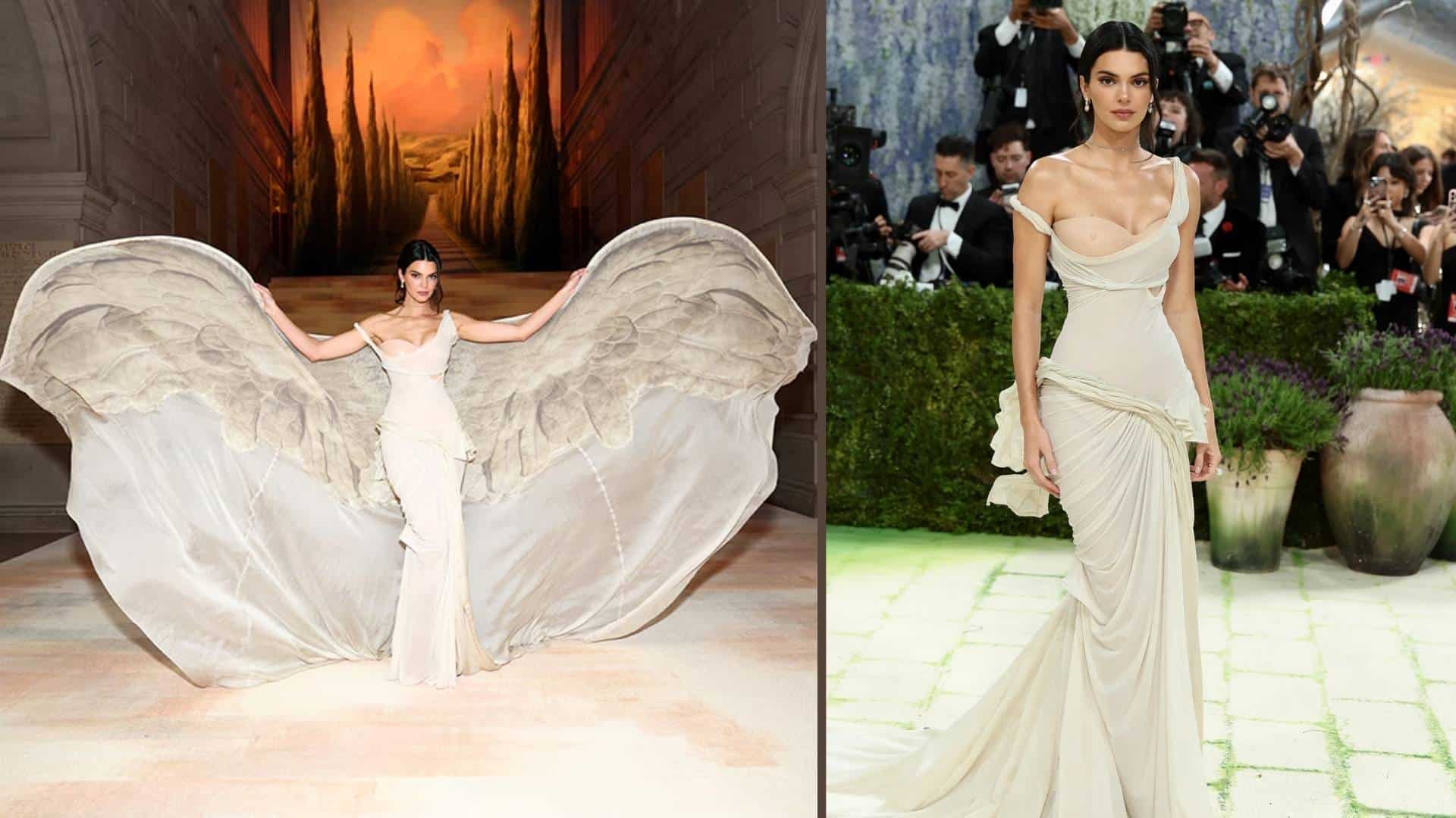 Kendall Jenner in an ethereal beige gown with large angel-like wings at the Met Gala.