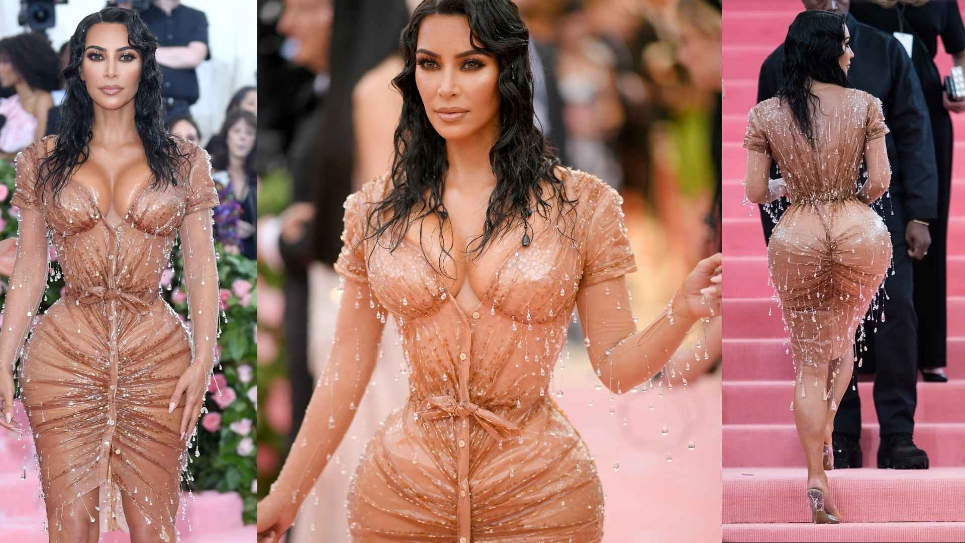 Kim Kardashian wearing a wet-look Mugler dress at the 2019 Met Gala.