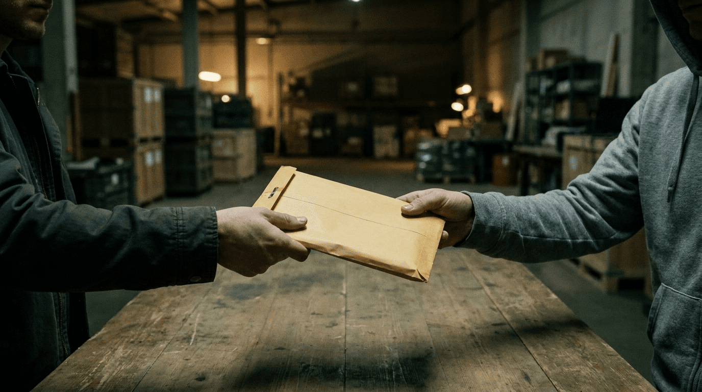 Two people exchanging an envelope in a warehouse, illustrating knowingly mens rea