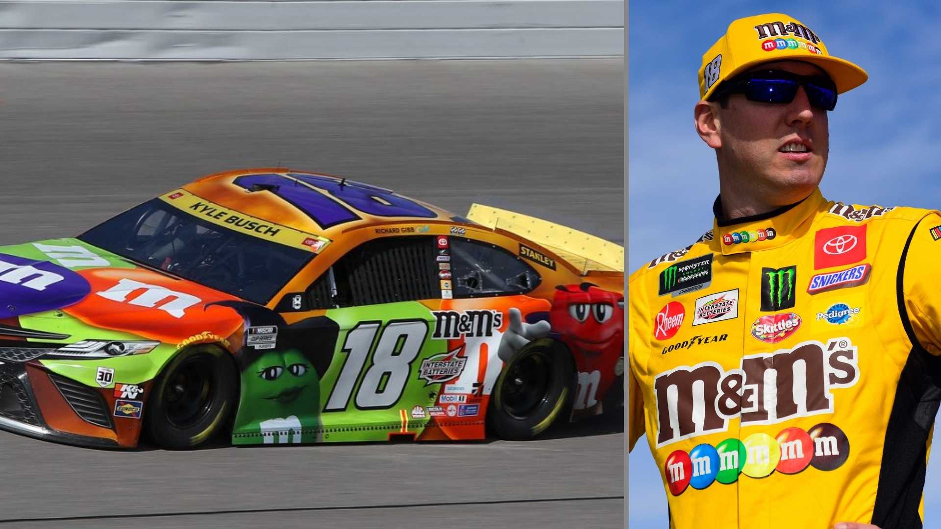 Kyle Busch with M&M’s sponsorship race car during NASCAR competition.
