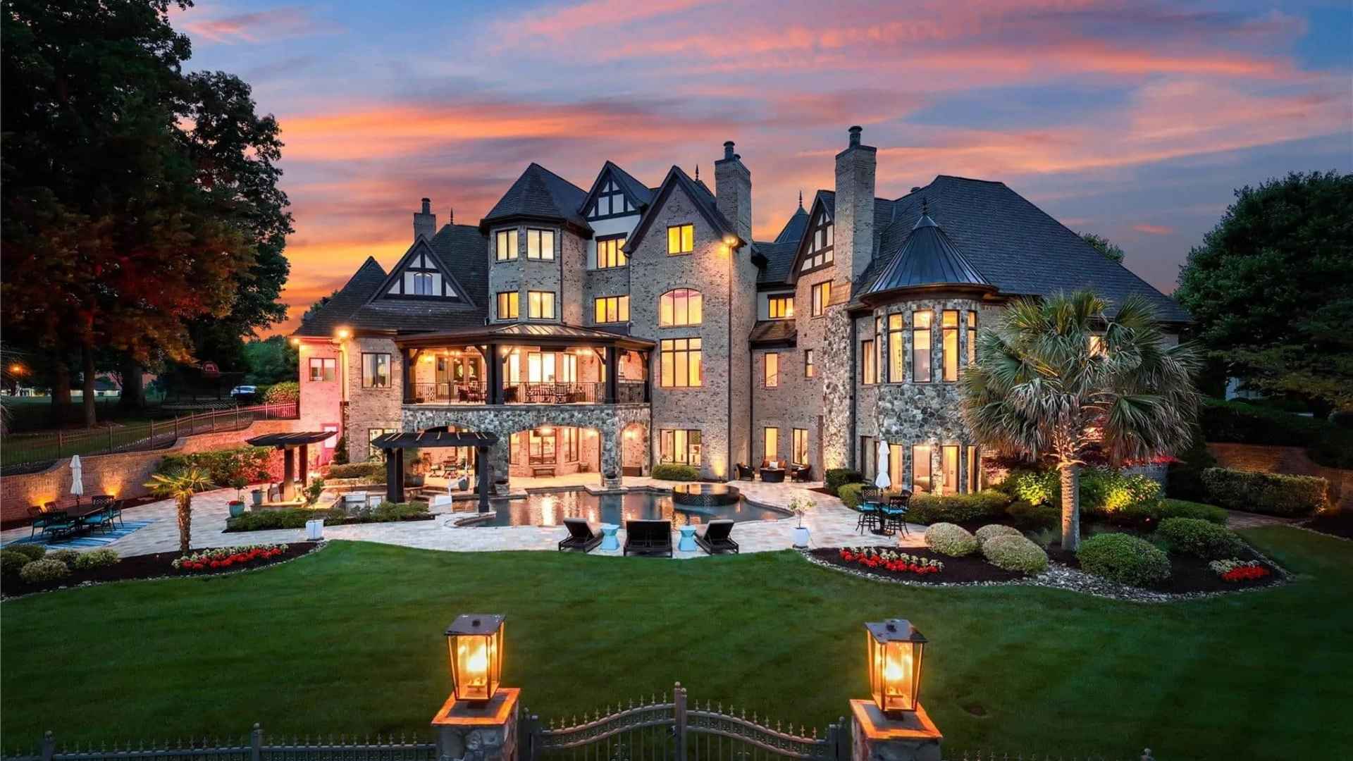 Luxury mansion linked to Kyle Busch real estate holdings at sunset.