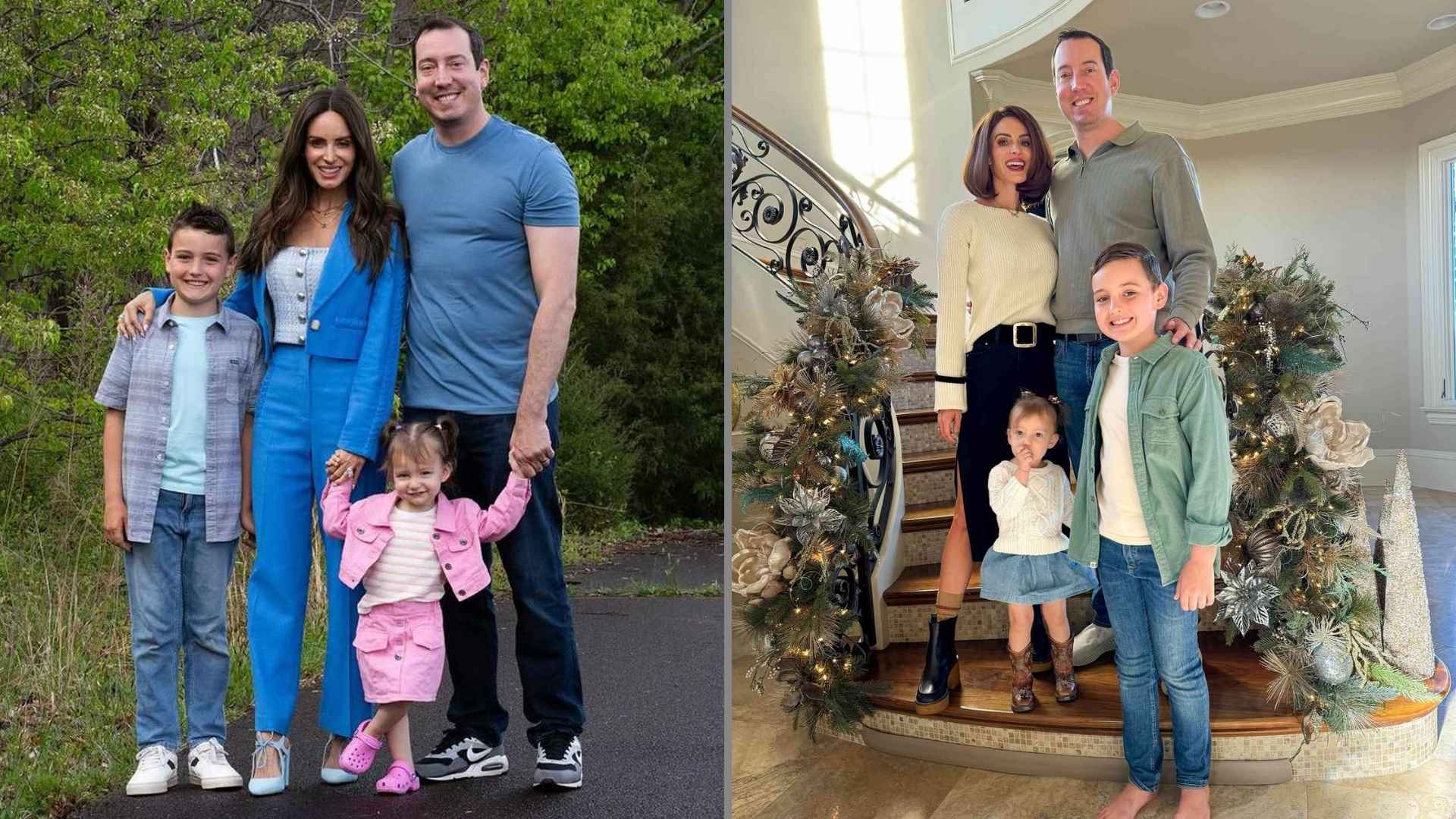 Kyle Busch posing with his family in outdoor and holiday portraits.