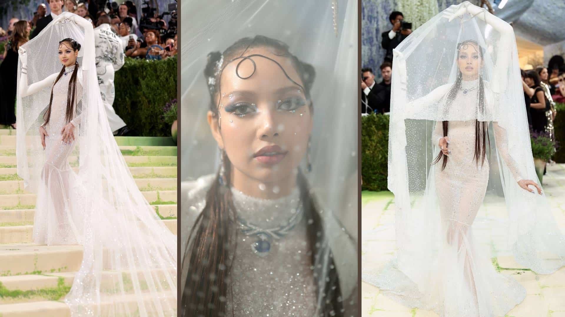 Lisa from BLACKPINK in a sparkling white gown with intricate beadwork at the Met Gala.