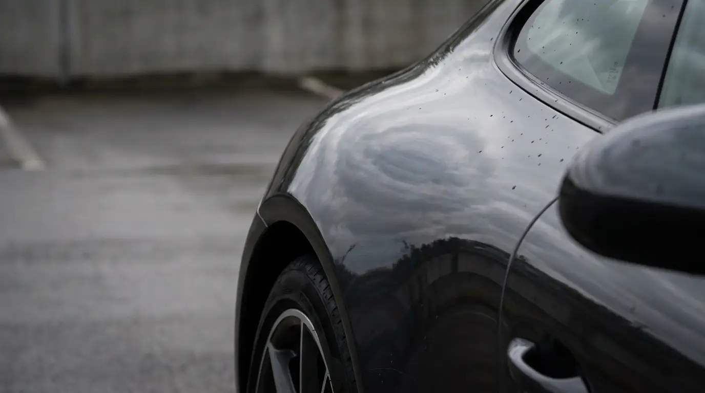 Close-up of black car's rear with raindrops in overcast parking lot