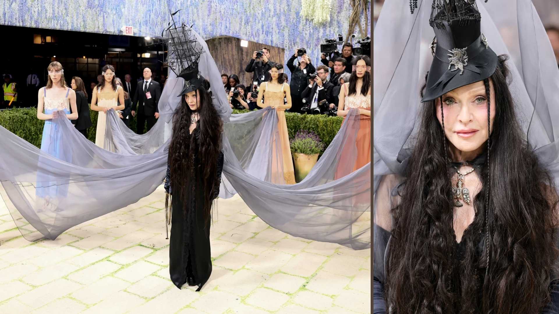 Madonna in a dark, gothic-inspired dress with a veil at the Met Gala.