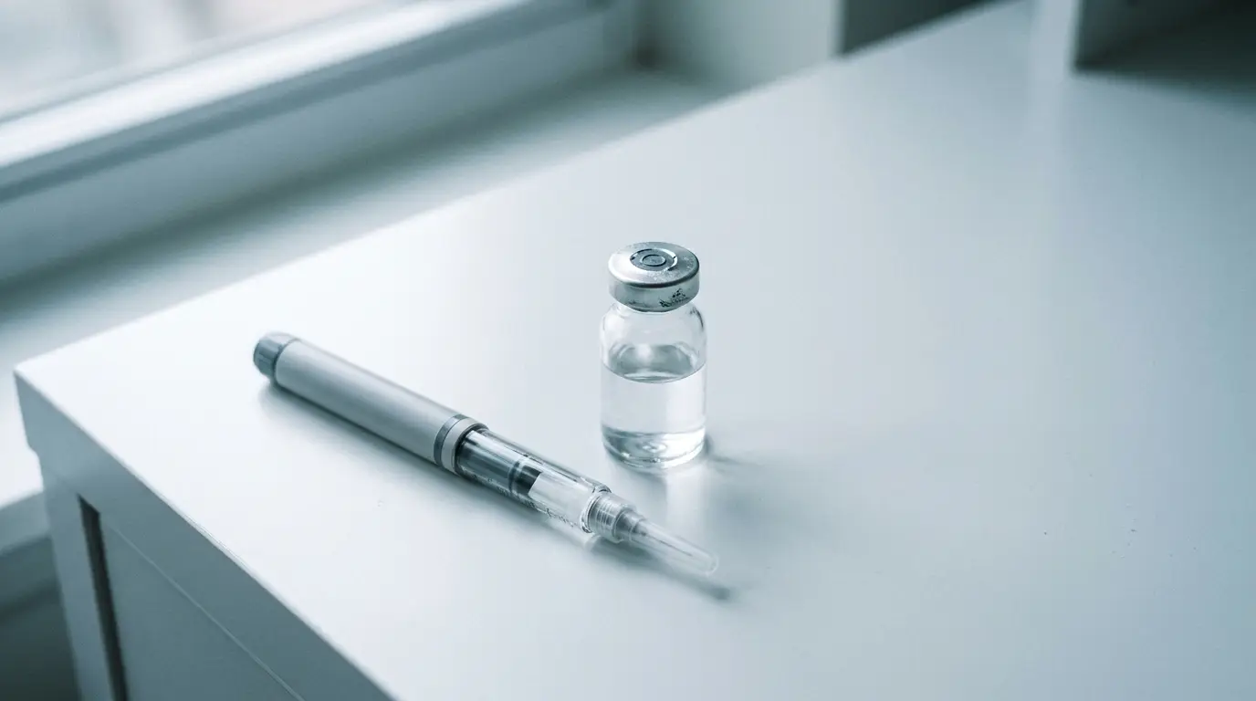 Medical syringe and vial on white table in bright, minimalistic setting