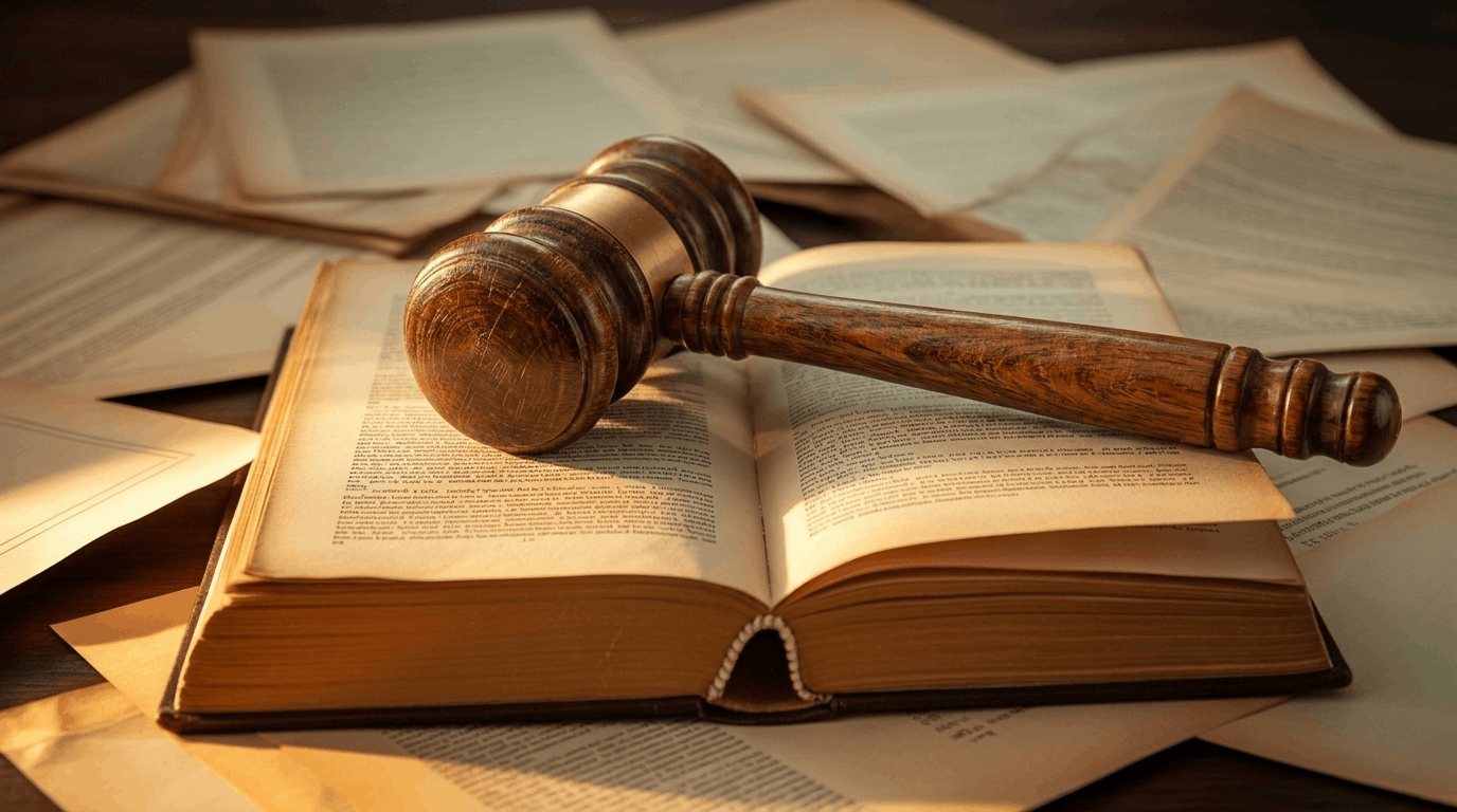 Wooden gavel resting on open law book representing mens rea meaning in criminal law