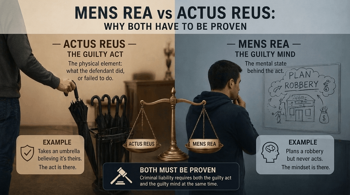 Infographic comparing mens rea vs actus reus with scale of justice and examples.