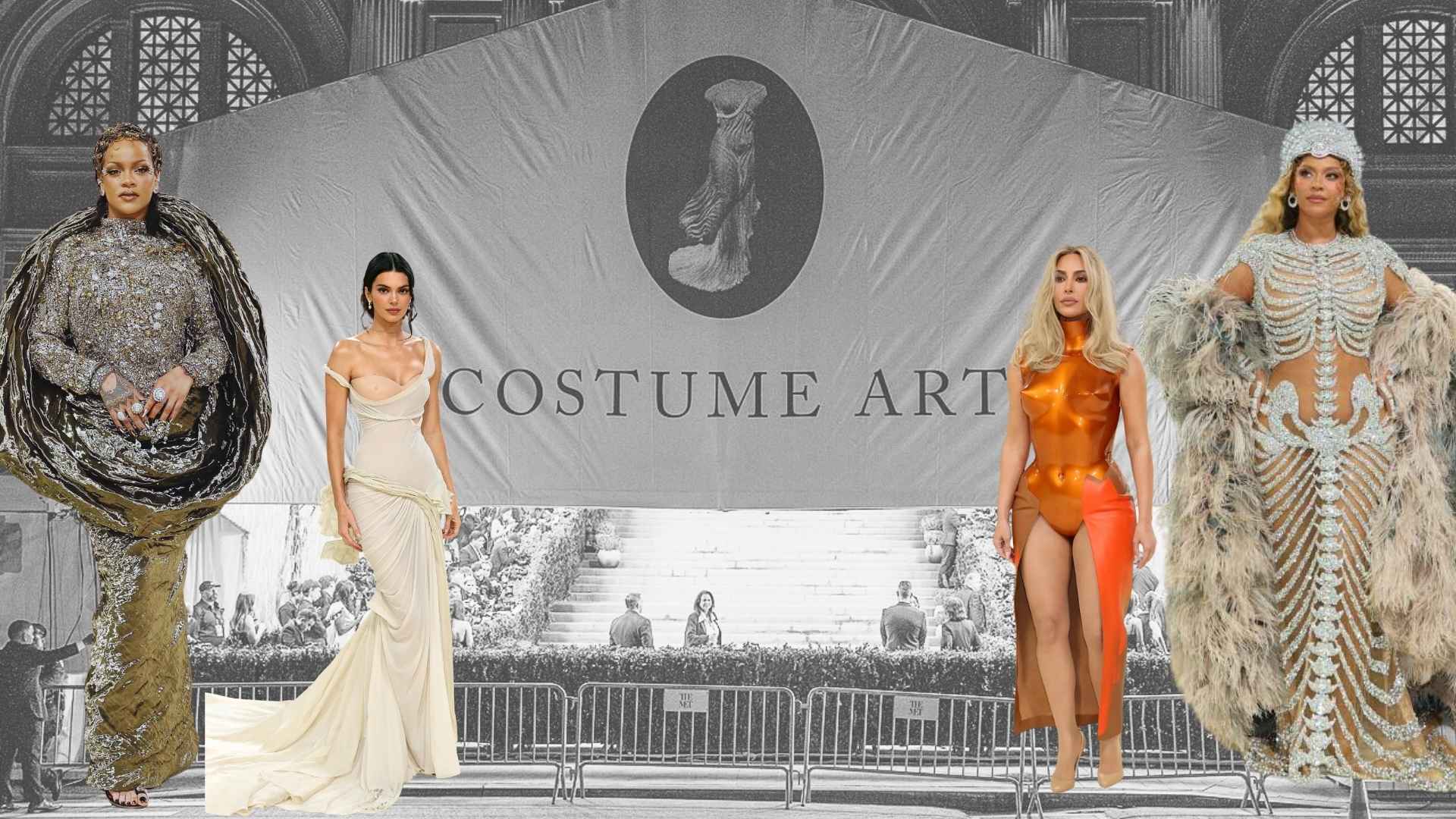 Celebrities in dramatic Met Gala outfits, including metallic gowns, flowing dresses, and bold couture looks.