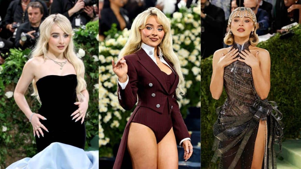 Sabrina Carpenter wearing three distinct outfits at the Met Gala: a strapless black gown, a maroon suit with a high slit, and a glamorous metallic gown with a headpiece.