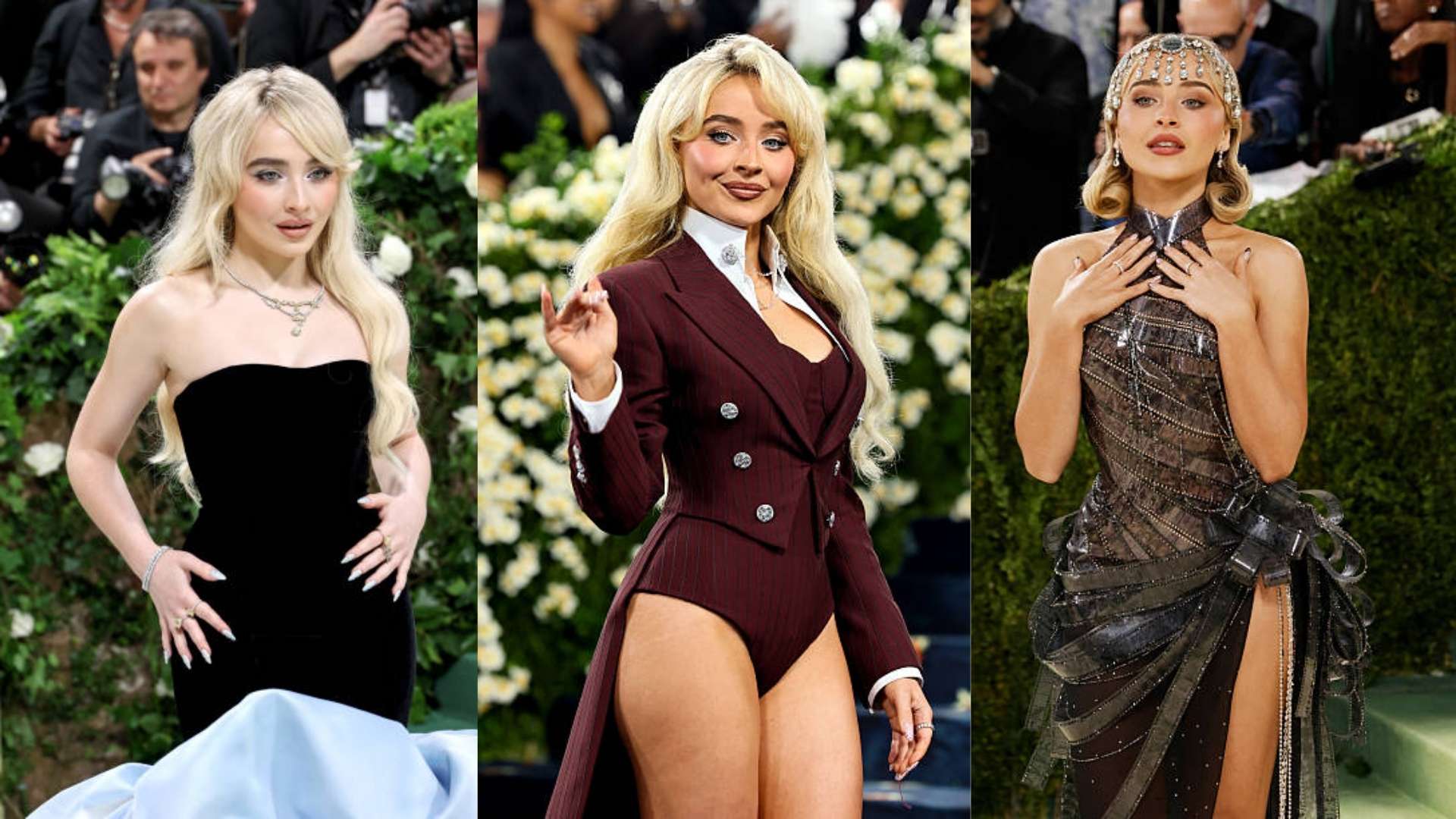 Sabrina Carpenter wearing three distinct outfits at the Met Gala: a strapless black gown, a maroon suit with a high slit, and a glamorous metallic gown with a headpiece.