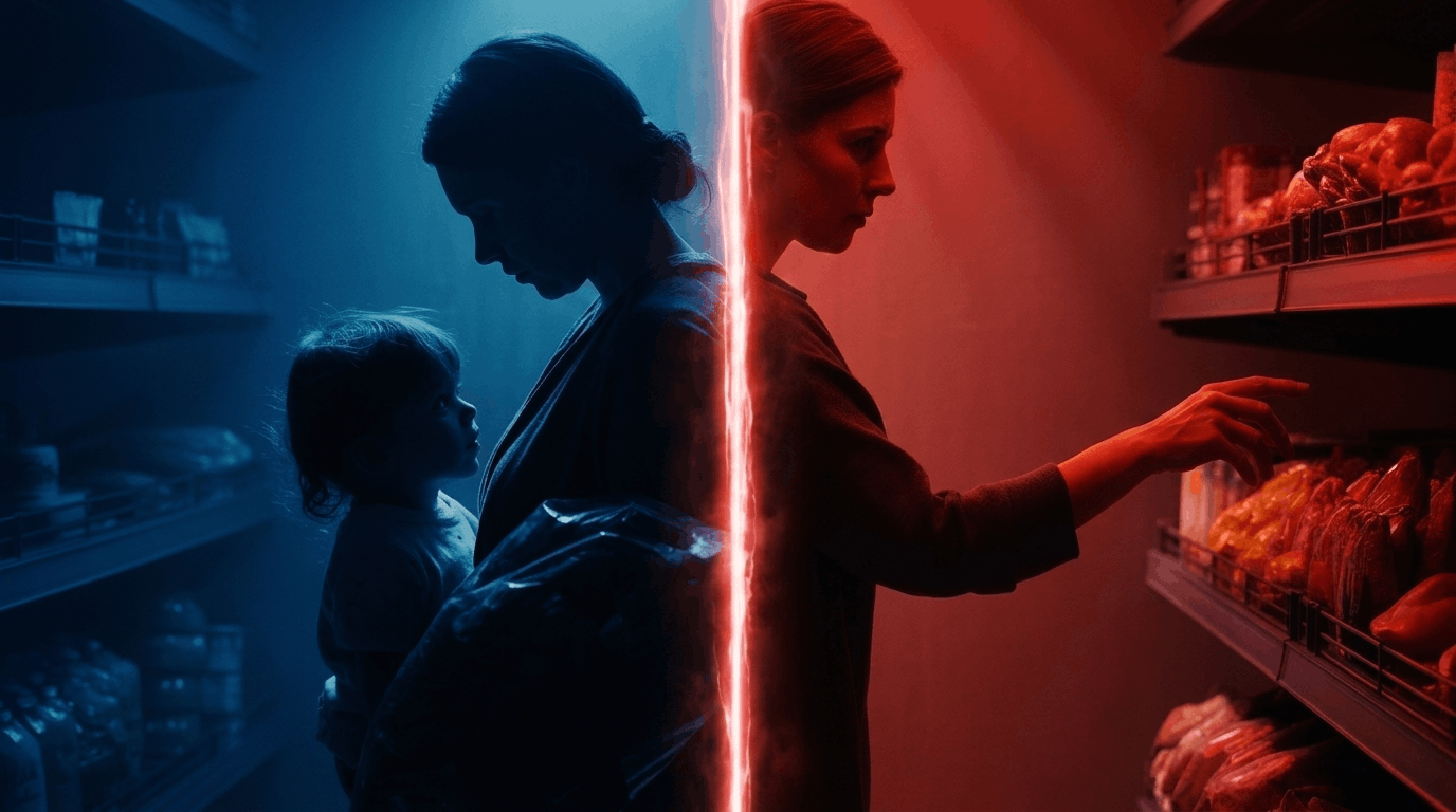 Split image showing motive vs mens rea in criminal law with blue and red lighting.