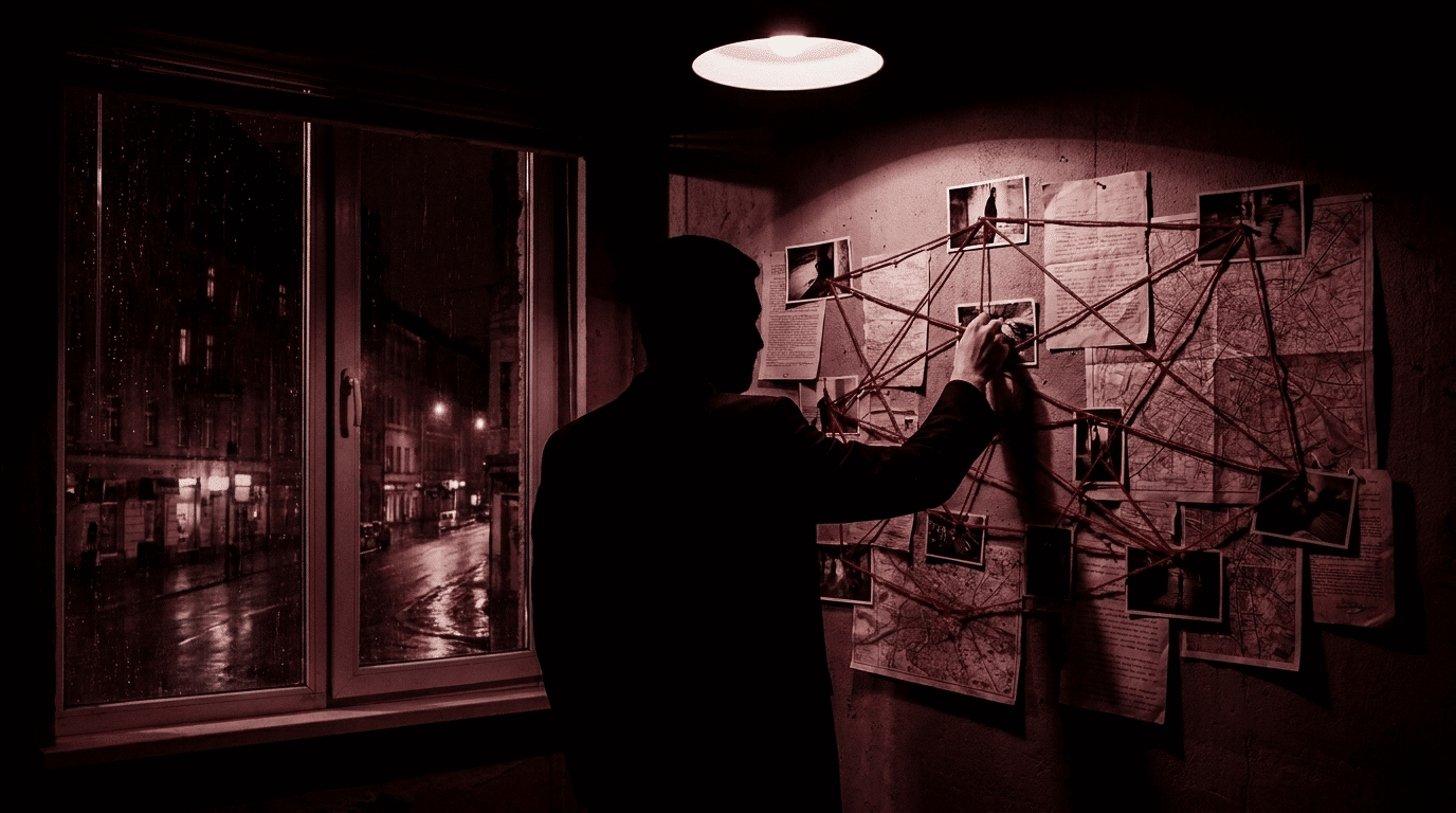 Silhouette pinning evidence wall at night, representing purposely mens real intent